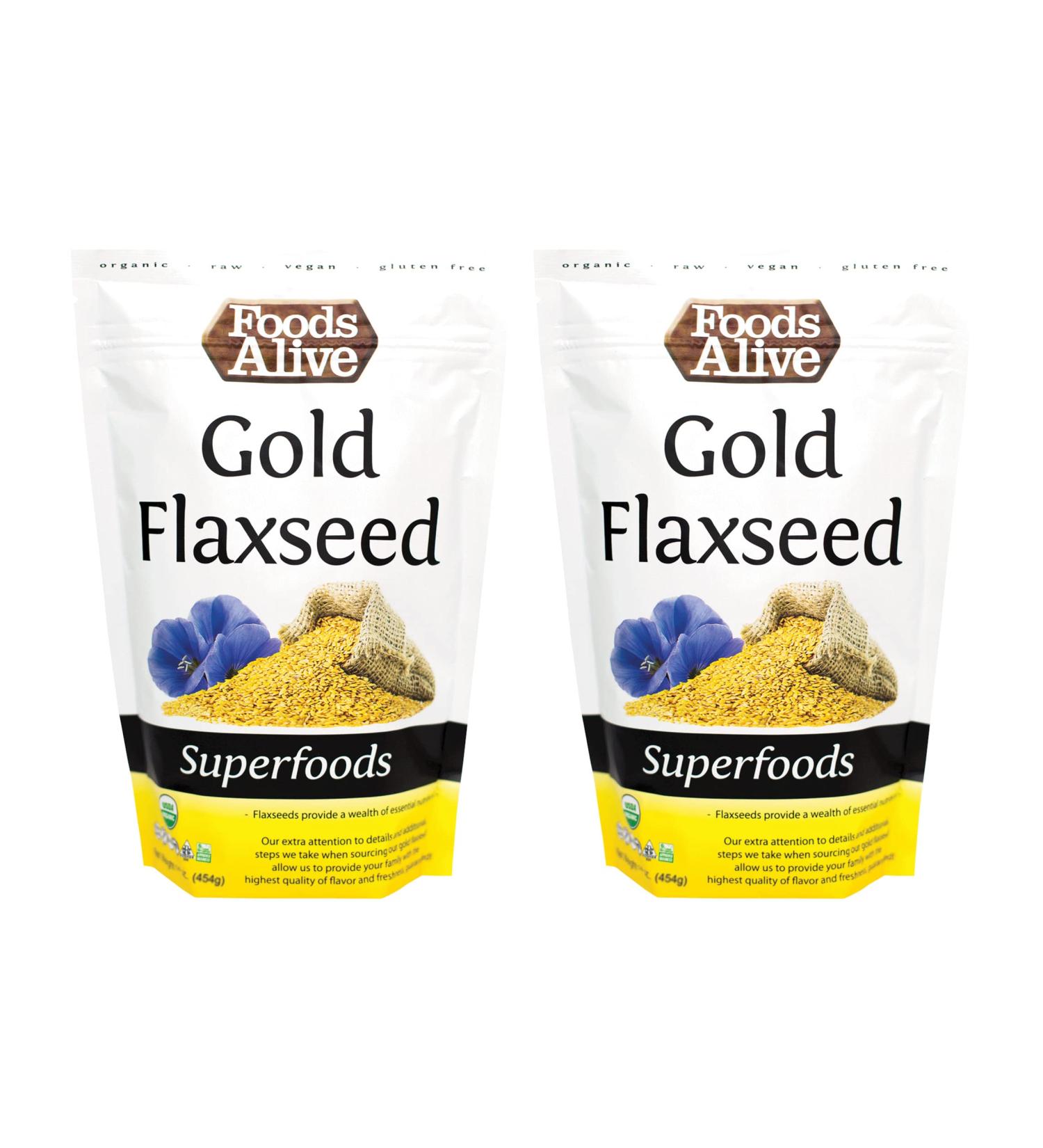 Organic Golden Flax Seeds 16oz (2-Pack) - Fresh Nutty Flavor, Non-GMO, Raw, Vegan, Gluten-Free, Kosher | Foods Alive - Buy Online on GoSupps.com