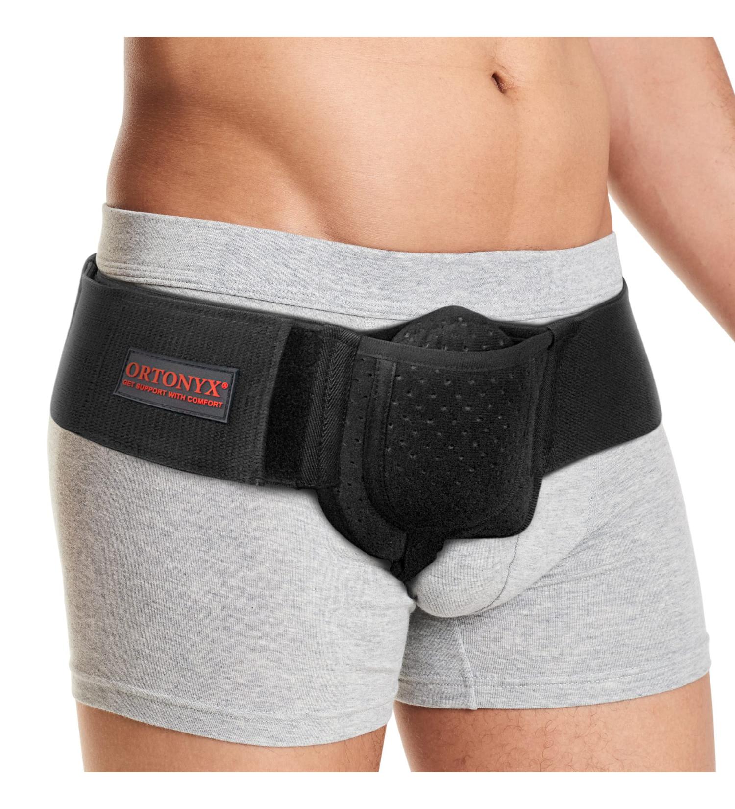 ORTONYX Inguinal Groin Hernia Belt with Removable Compression Pad - Black S/M for Men and Women | Adjustable Waist Strap for Hernia Support | Left/Right Side Truss for Inguinal/Incisional Hernias - Buy Online on GoSupps.com