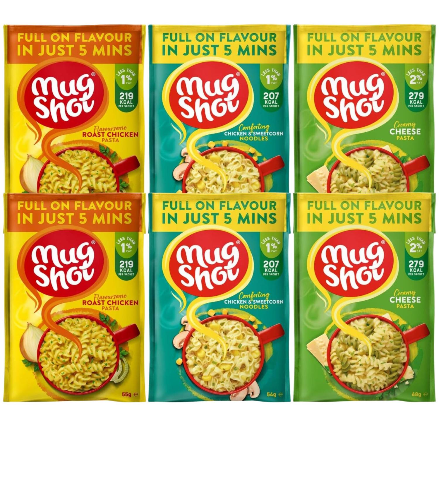 Instant Noodle Bundle Containing Mug Shot Roast Chicken Pasta 55g x2 Chicken & Sweet Corn Noodles 54g x2 Creamy Cheese Pasta 68g x2 (6 Pack) - Buy Online on GoSupps.com