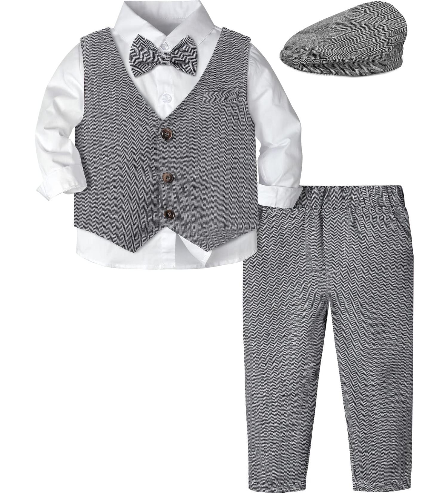 Mintgreen Herringbone Tweed Suit Set for Baby Boys | 4pcs Wedding Outfit | Darkgray | 3-4 Years - Buy Online on GoSupps.com