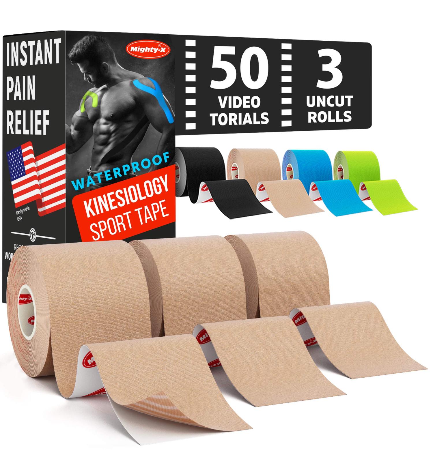 Waterproof Kinesiology Tape - 3 Rolls - Joints Support and Muscle Pain Relief - 16.4 ft Uncut Kinetic Tape  50 Videos - Buy Online on GoSupps.com