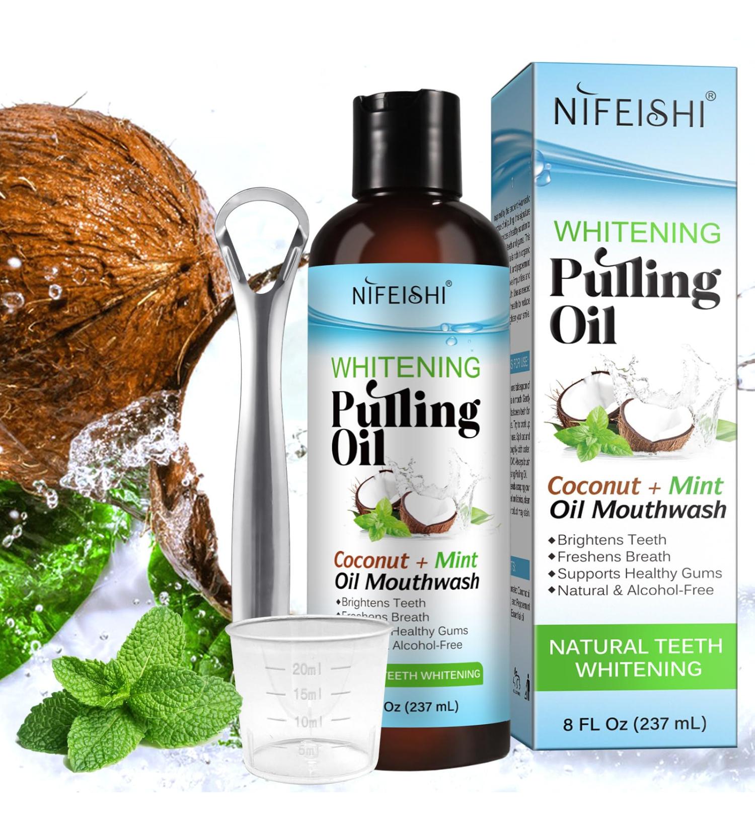 Coconut Oil Mouthwash - Natural Oil Pulling Teeth Whitening & Fresh Breath with Tongue Scraper - Buy Online on GoSupps.com