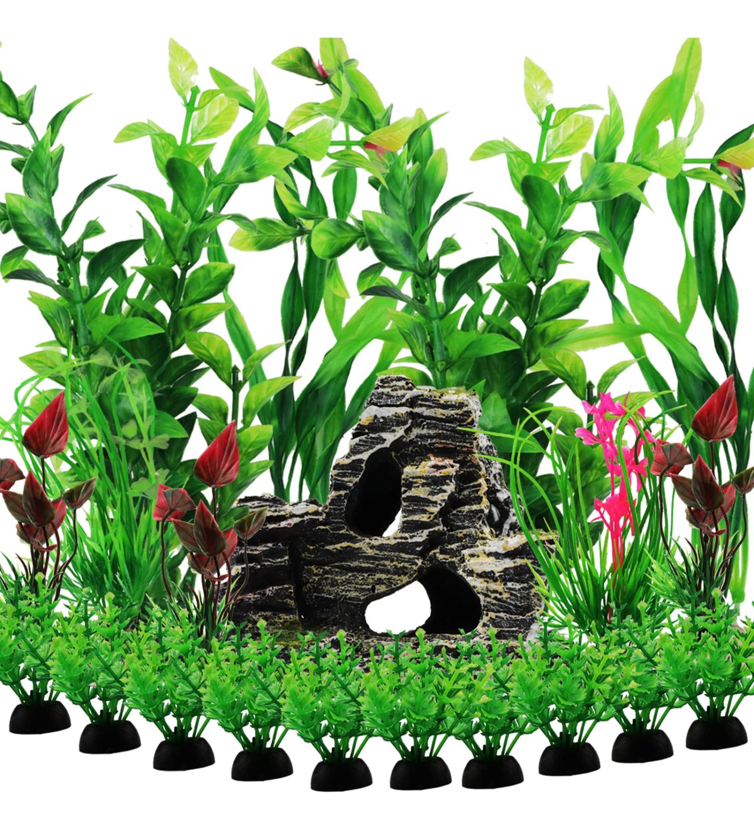 QUOZUO 20 Pieces Aquarium Artificial Plants - Green Plastic Decorations & Resin Cave Accessories for Fish Tanks - Buy Online on GoSupps.com