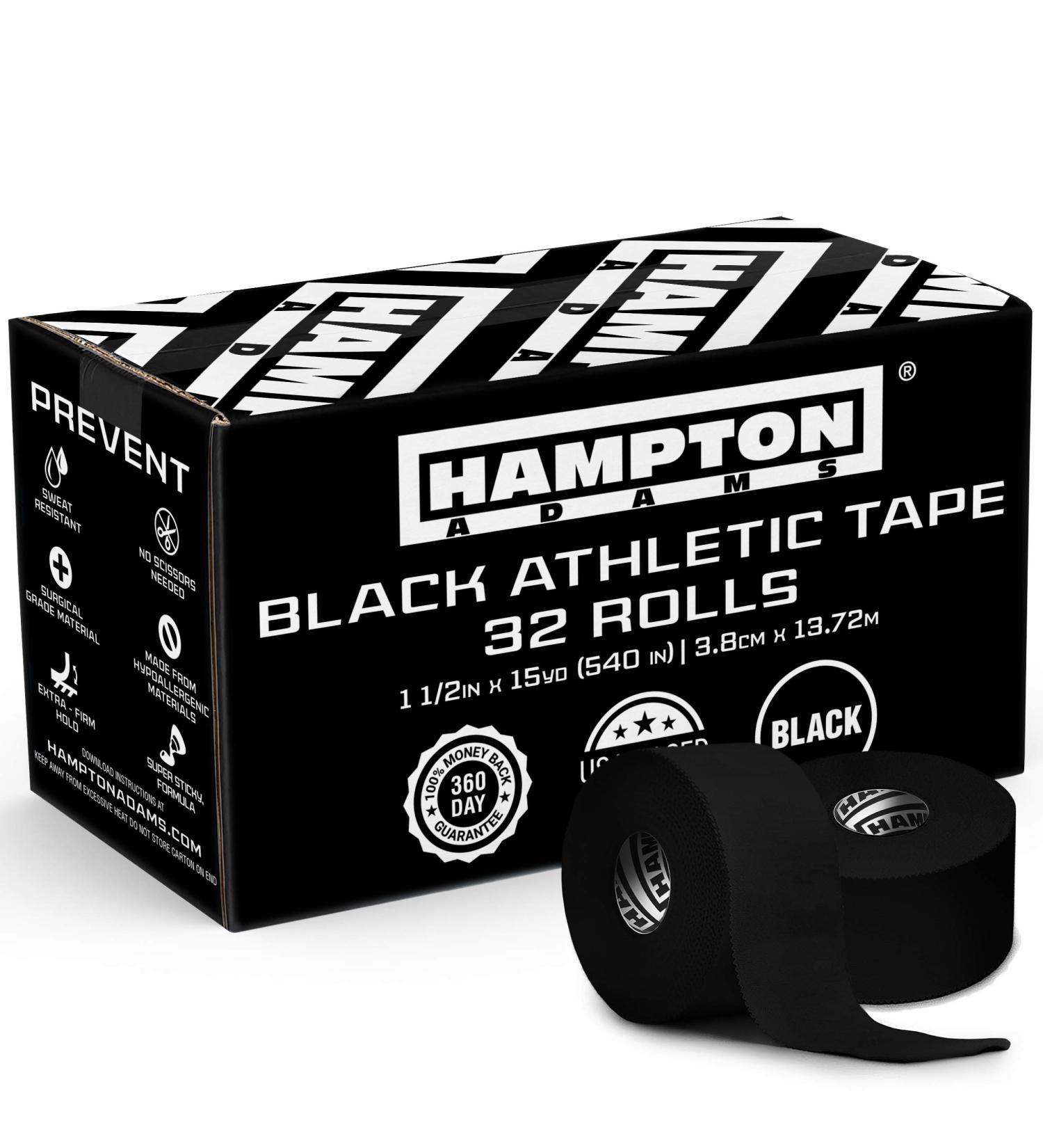 Hampton Adams 32 Pack Black Athletic Tape - 1.5 x 45ft Per Roll - No Residue, Easy Tear - for Sports, Athletes, Trainers - First Aid Wrap for Fingers, Ankles, Wrist - Buy Online on GoSupps.com