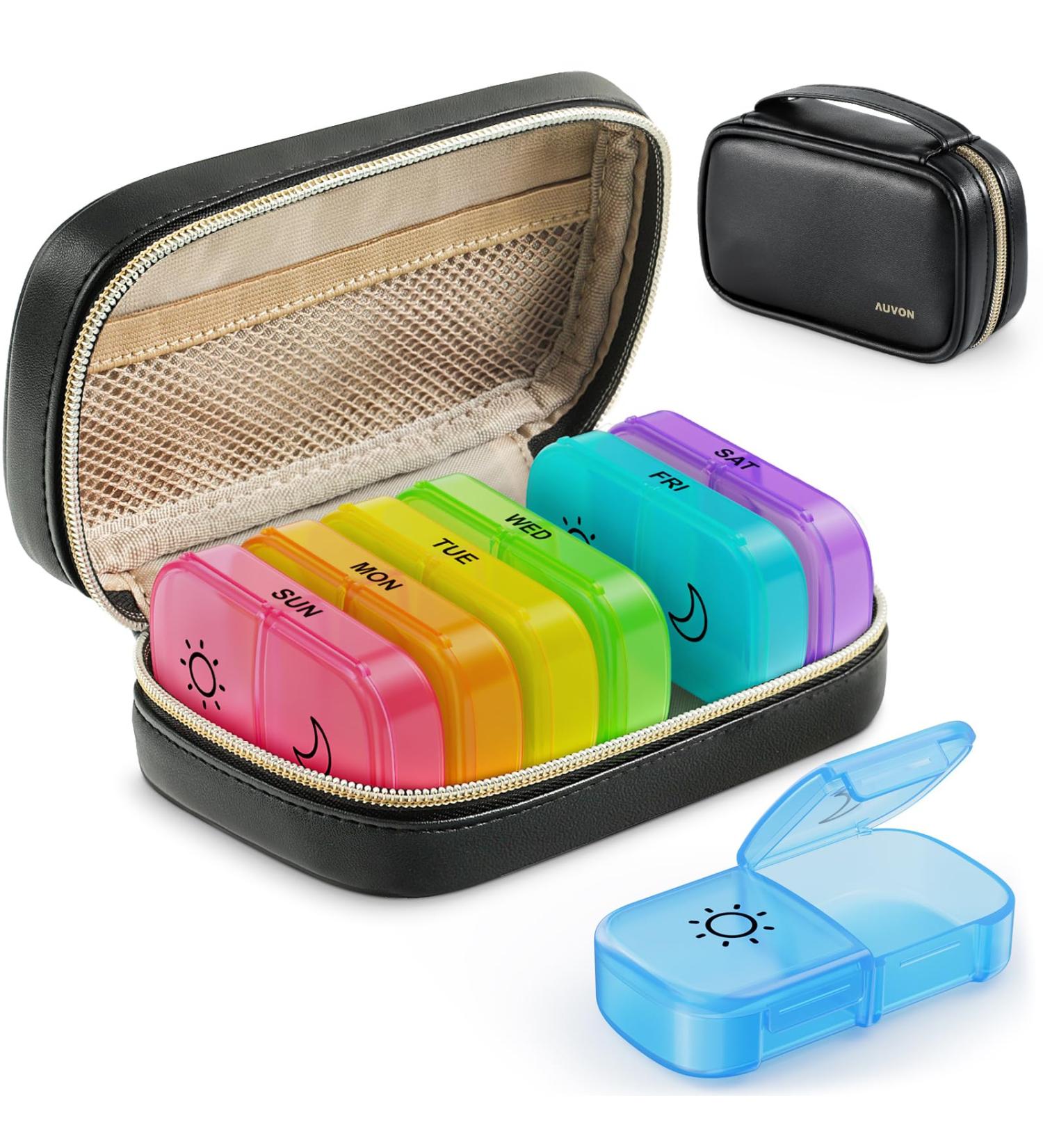 Buy AUVON Weekly Pill Organizer 2x Daily with Leather Bag - Portable 7-Day AM PM Pill Box for Vitamins & Medications - Buy Online on GoSupps.com