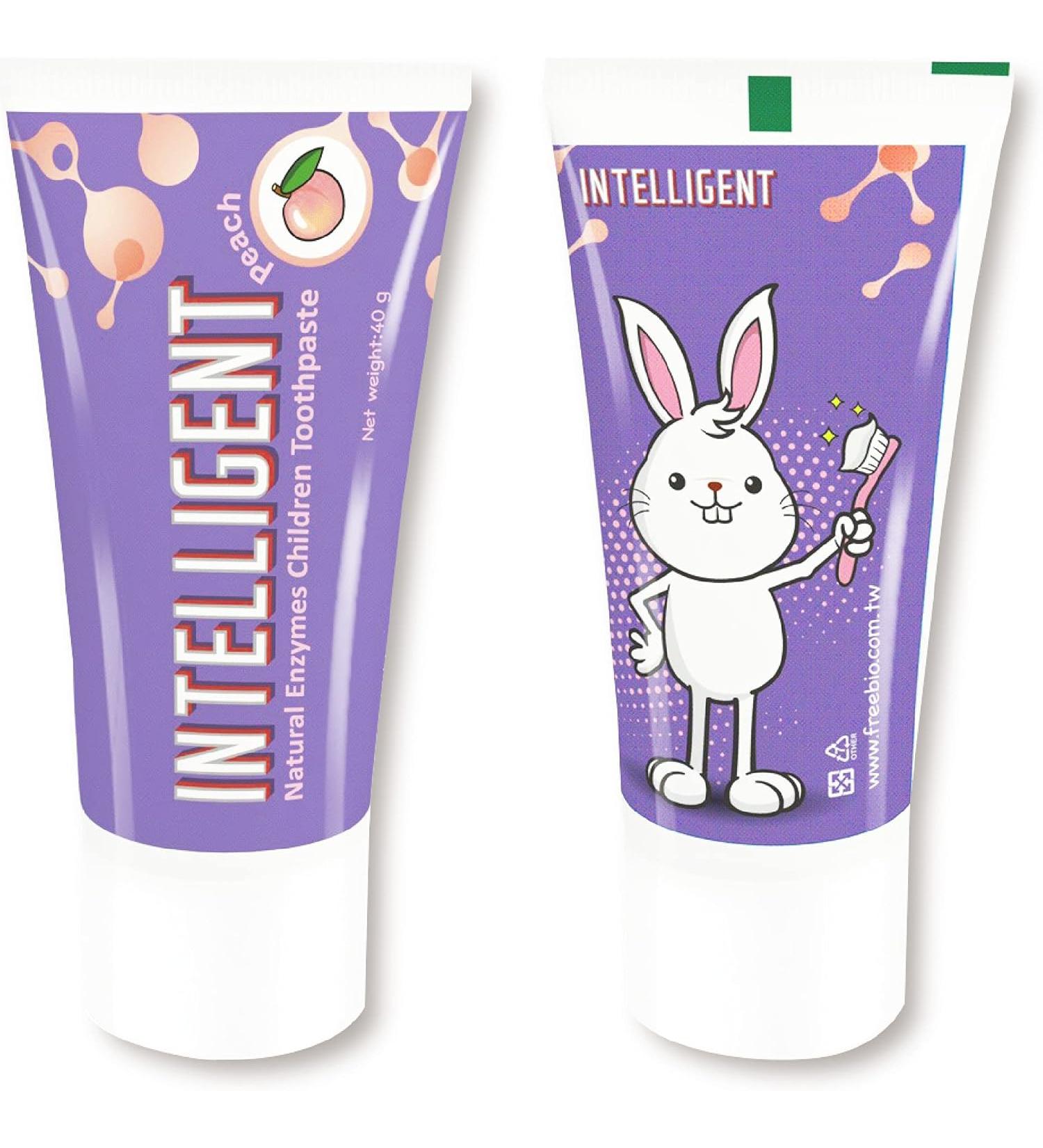 INTELLIGENT Enzymatic Kids Toothpaste White Healthy Teeth for Baby and Toddler, Natural Non-Foaming Infant Tooth Paste, Sulfate-Free, Fluoride-Free, Mint-Free ( Peach - 2 pcs x 1.37 Ounce)
