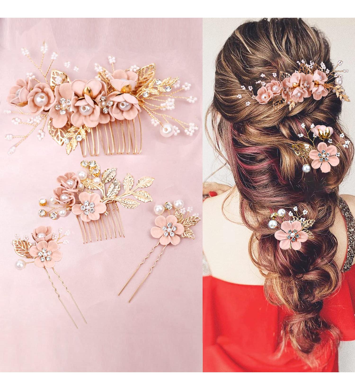 Pink Crystal Pearl Bridal Flower Hair Pins Set for Wedding - Gold Accessories for Brides & Bridesmaids - Buy Online on GoSupps.com