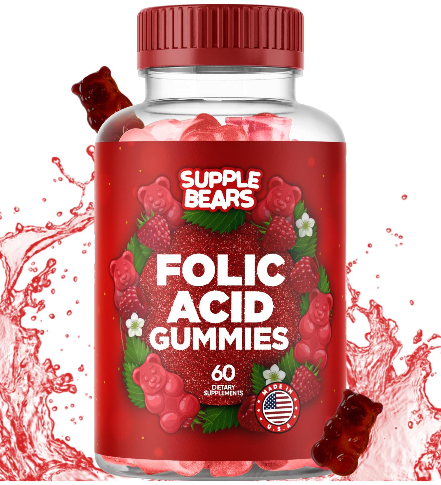 Supplebears Folic Acid Gummies 400mcg - Pregnancy Gummy for Women - 60 Raspberry Flavored Vitamins - Buy Online on GoSupps.com