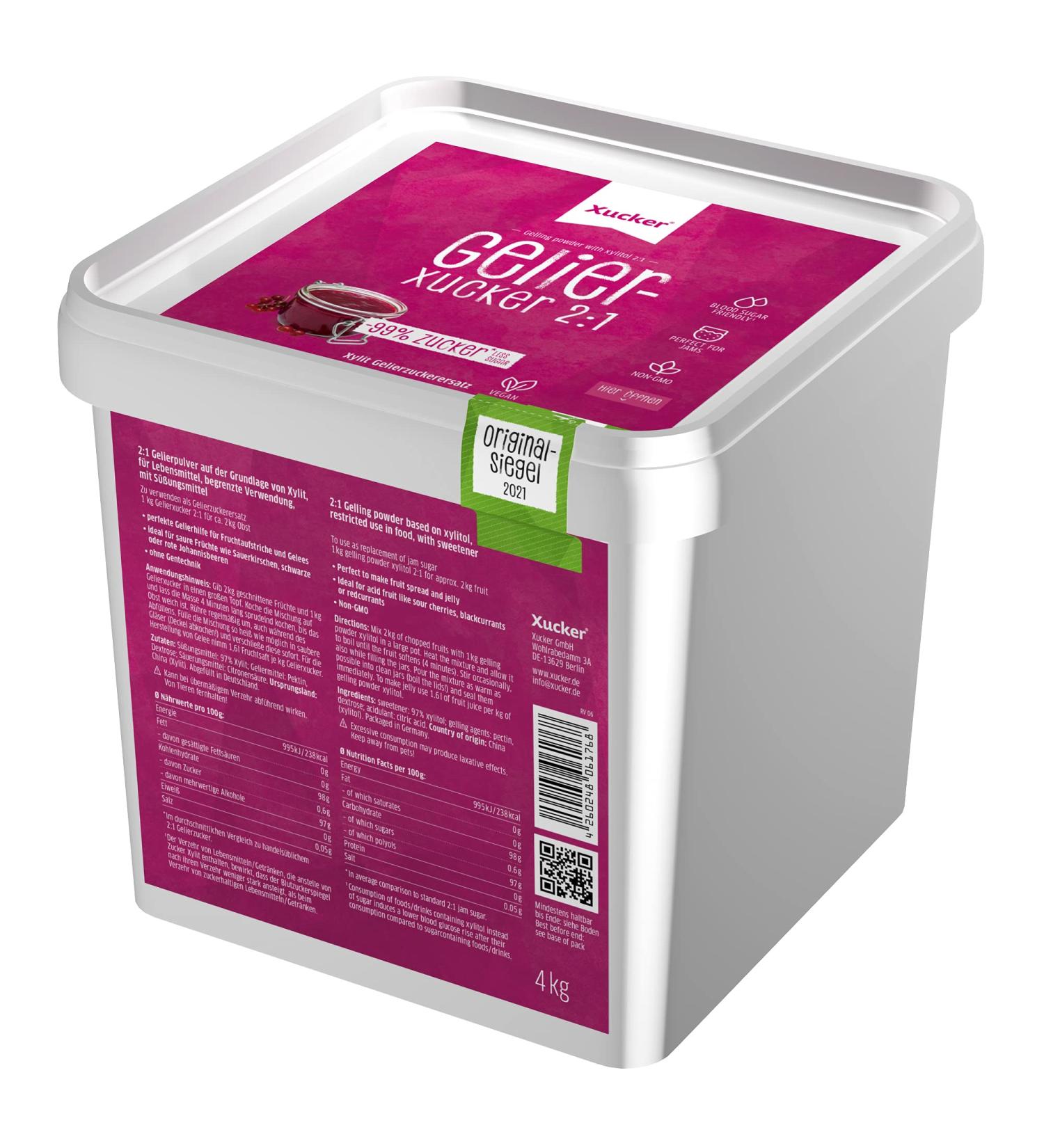 Xucker Gelierxucker 2:1 - Vegan Low-Sugar Gelling Alternative for Jam & Jellies (4kg) | Xylitol Birch Sugar - Buy Online on GoSupps.com