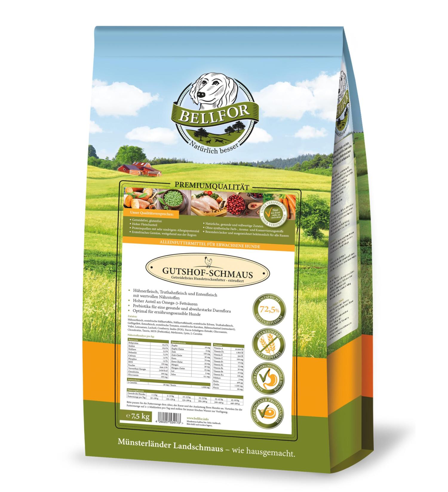Bellfor Gutshof-Schmaus Dry Dog Food - Chicken Turkey & Duck Grain-Free Omega-3 Vitamins & Antioxidants 7.5 kg - Buy Online on GoSupps.com