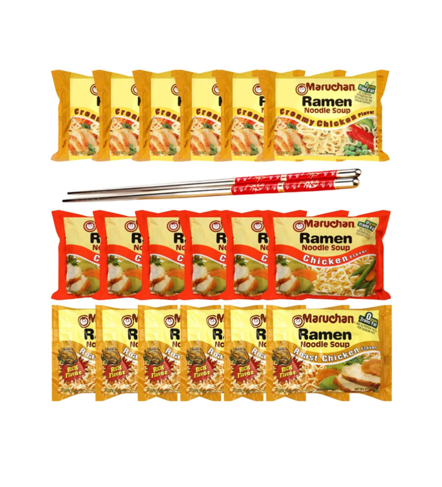 Ja Cor Instant Ramen Noodle Soup Variety Pack 3 Flavors: (6) Creamy Chicken (6) Chicken (6) Roast Chicken Flavor Noodles 3 oz Bundle with (1) Set of Reusable Stainless Steel Chopsticks(18 Packs) - Buy Online on GoSupps.com
