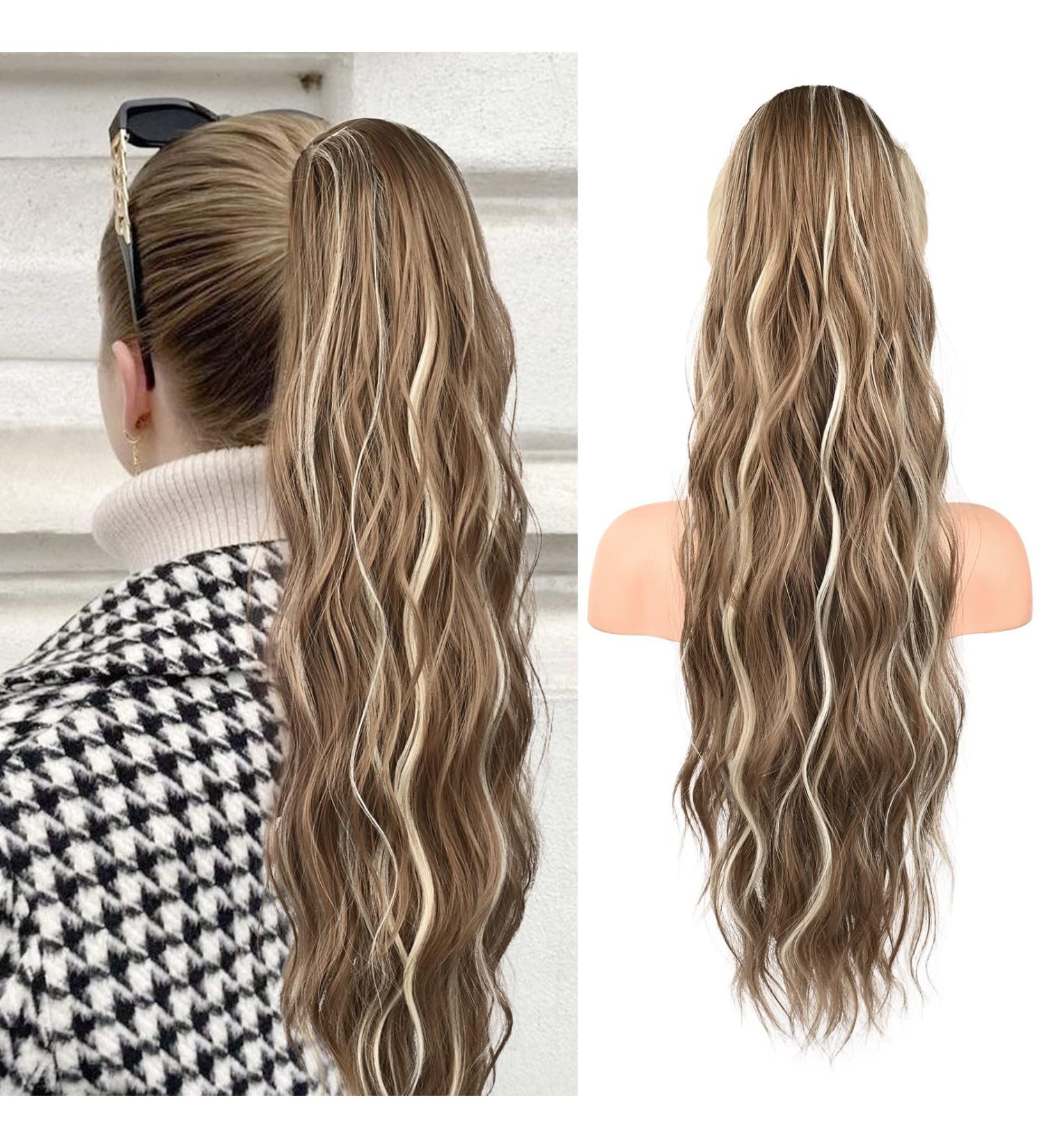 FLUFYMOOZ 26 Drawstring Ponytail Extension - Ash Brown with Blonde Highlights - Long Curly Wavy Synthetic Hairpiece for Women - Buy Online on GoSupps.com