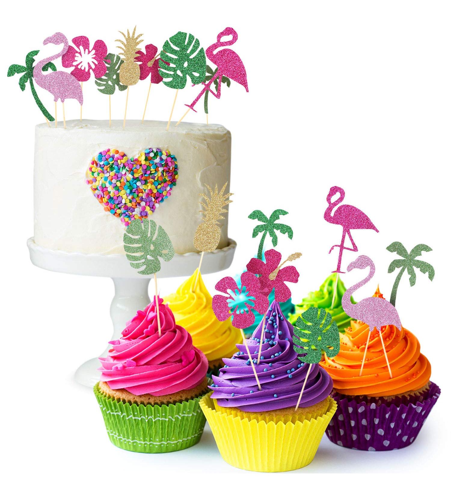 50 Pieces Tropical Hawaiian Cupcake Toppers Glittery Hawaii Cake Topper Flamingo Pineapple Hibiscus Flowers Tropical Palm Leaves Cupcake Toppers Picks for Hawaii Luau Summer Party Baby Shower Supplies - Buy Online on GoSupps.com