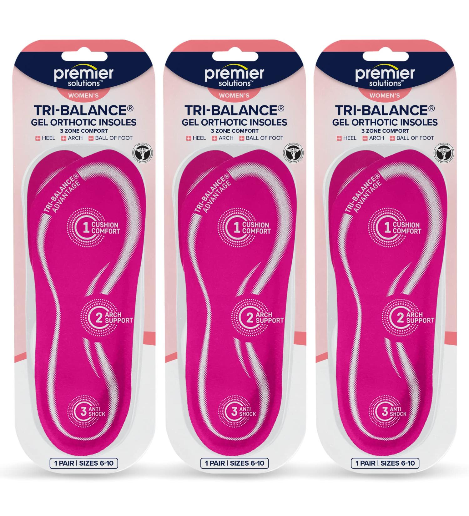 Premier Solutions Tri-Balance Gel Orthotic Insoles for Women - 3/4 Length, Size 6-10 (Pack of 3) - Buy Online on GoSupps.com