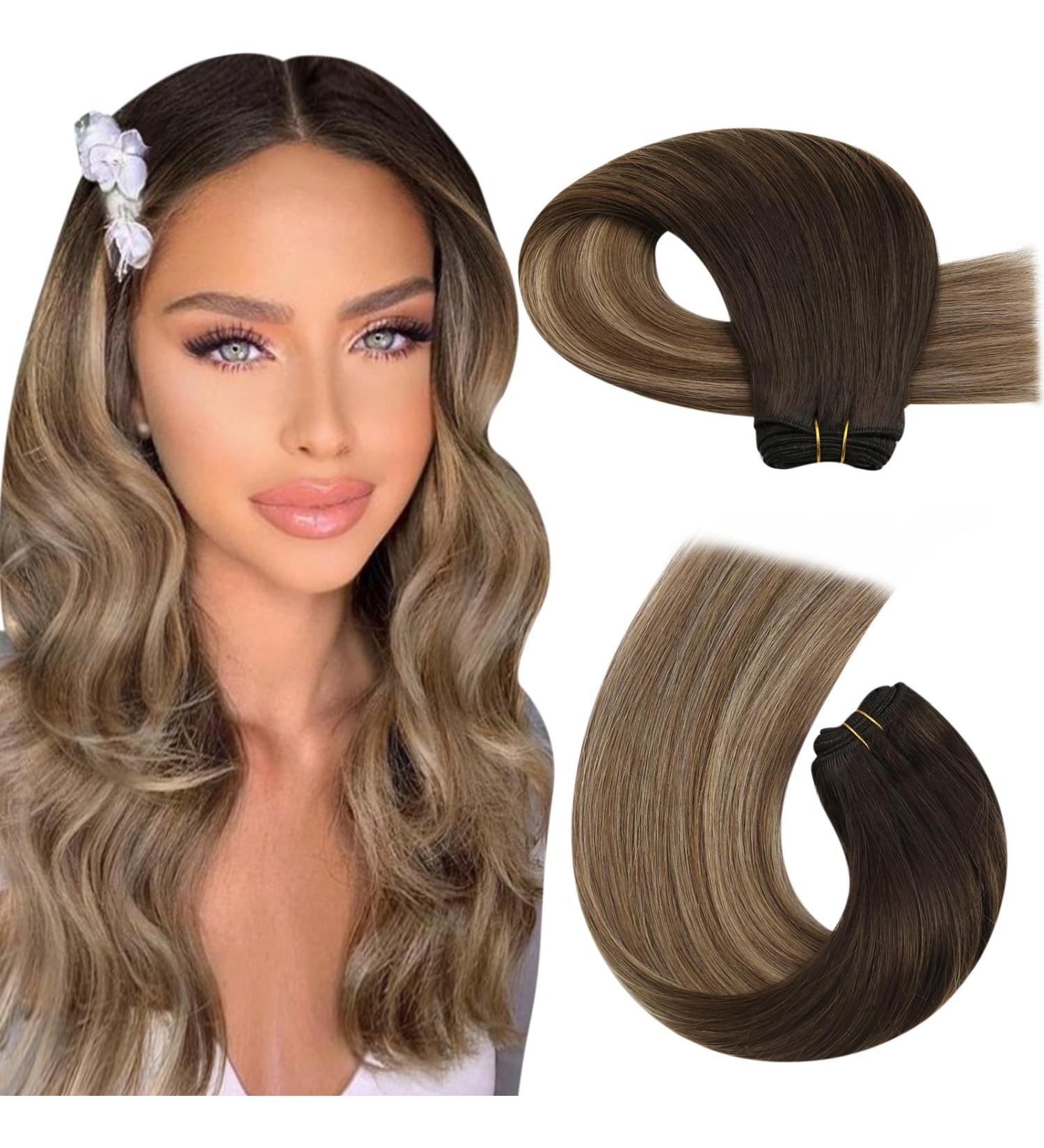 Moresoo Brown Balayage Sew in Hair Extensions 18 Inch - Dark Brown to Light Brown Ombre with Blonde Highlights - Double Weft Human Hair Extensions - 100g Pack - #4/10/16 - Buy Online on GoSupps.com