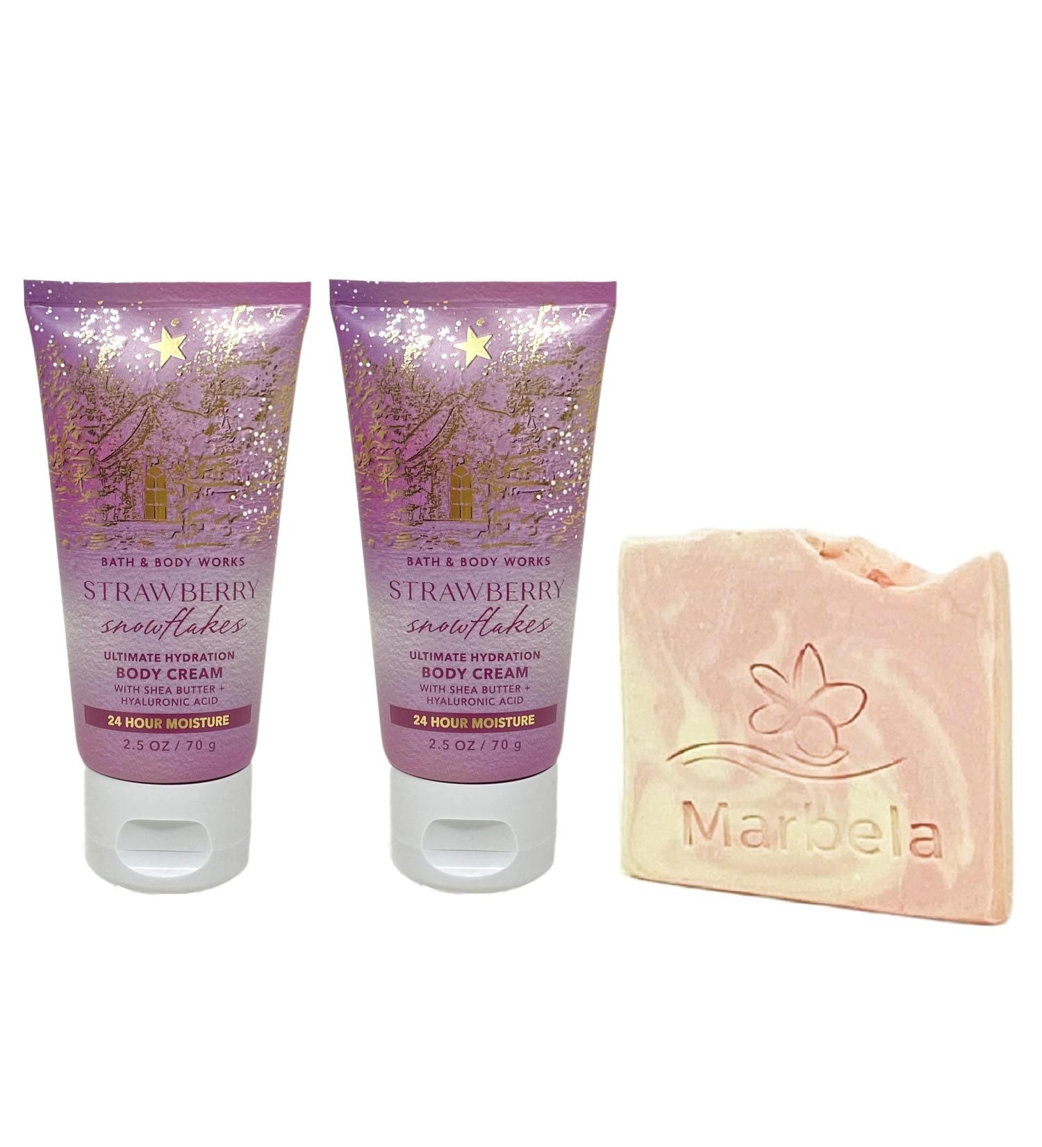 Bath & Body Works Strawberry Snowflakes 2 Piece Mini Body Cream Bundle with a Himalayan Salts Springs Sample Soap - Travel Size