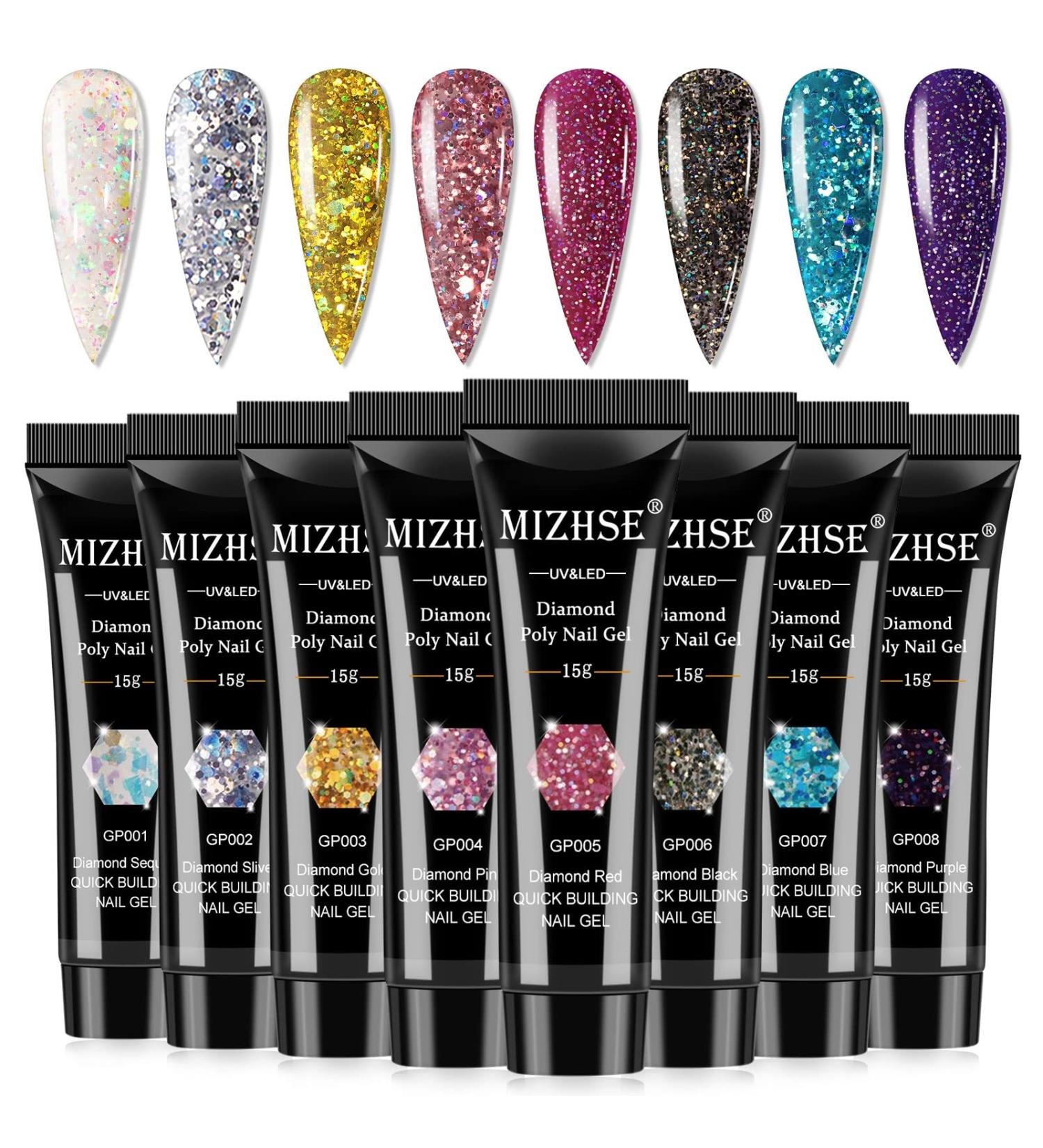MIZHSE Diamond Glitter Poly Nails Gel Set Siver Gold Poly Nail Gel Nail Extension Gel Kit Blue Red Nail Builder Gel with Poly Nail Forms Nail Enhancement Manicure Kit for Nail Salon Gel Polish Starter Set14- - Buy Online on GoSupps.com