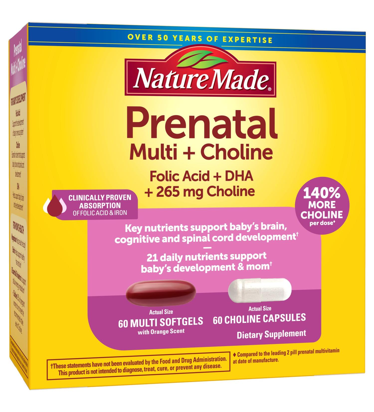 Nature Made Prenatal Vitamins with DHA & Choline - 60 Softgels for Women | Folic Acid & Nutritional Support - Buy Online on GoSupps.com