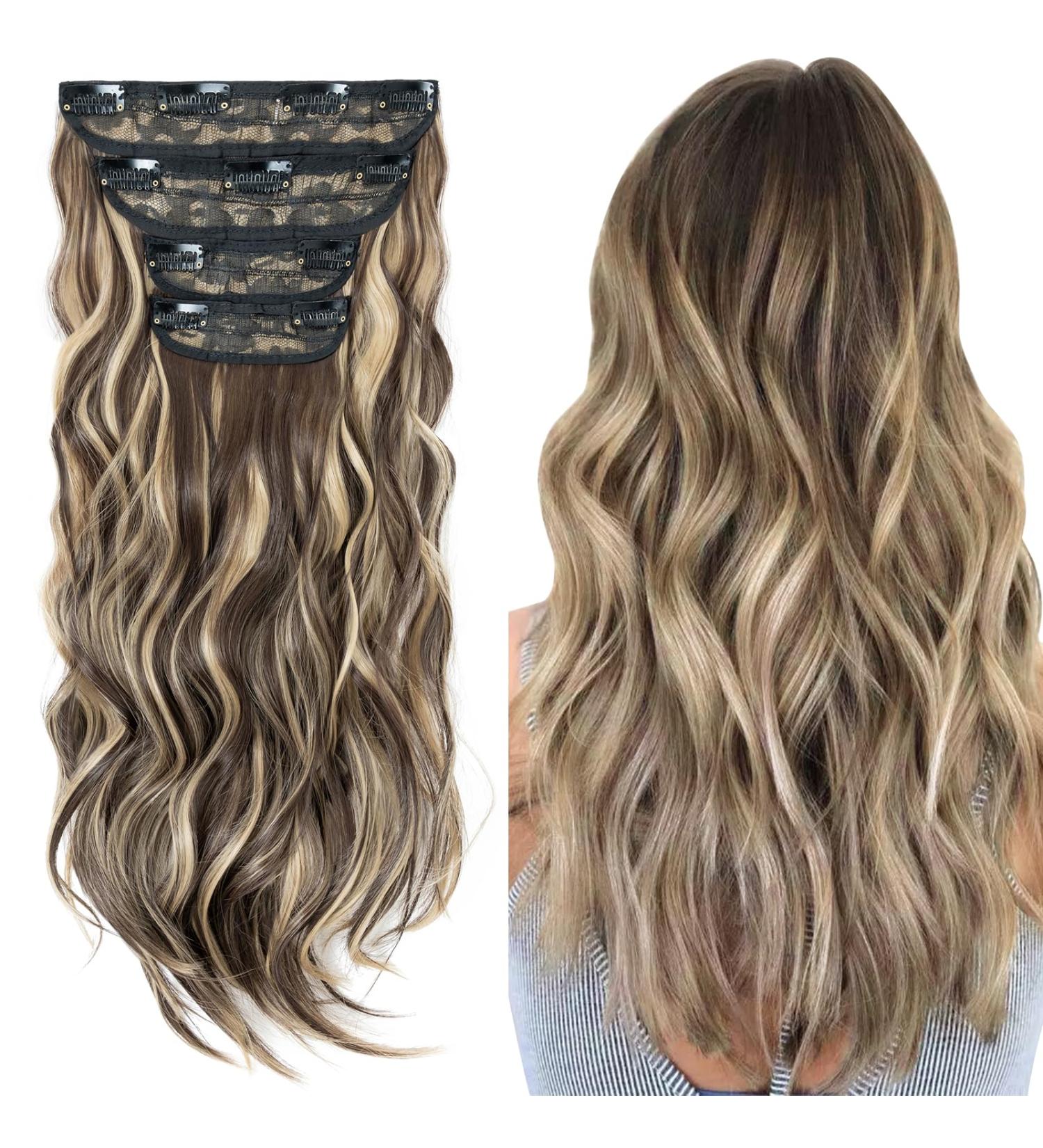 22 Inch Curly Hair Extensions Clip in - 4PCS-11Clips Synthetic Fiber Hair Pieces for Women - Light Brown mix Ash Blonde - Wavy Hair Pieces for Full Head - Buy Online on GoSupps.com