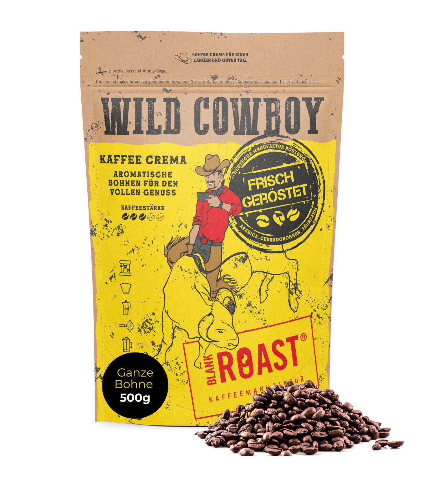 Buy Blank Roast Wild Cowboy Crema - 100% Arabica Whole Coffee Beans (500g) - Hickory Wood Roasted Low Acid - Premium Coffee for International Shipping - Buy Online on GoSupps.com