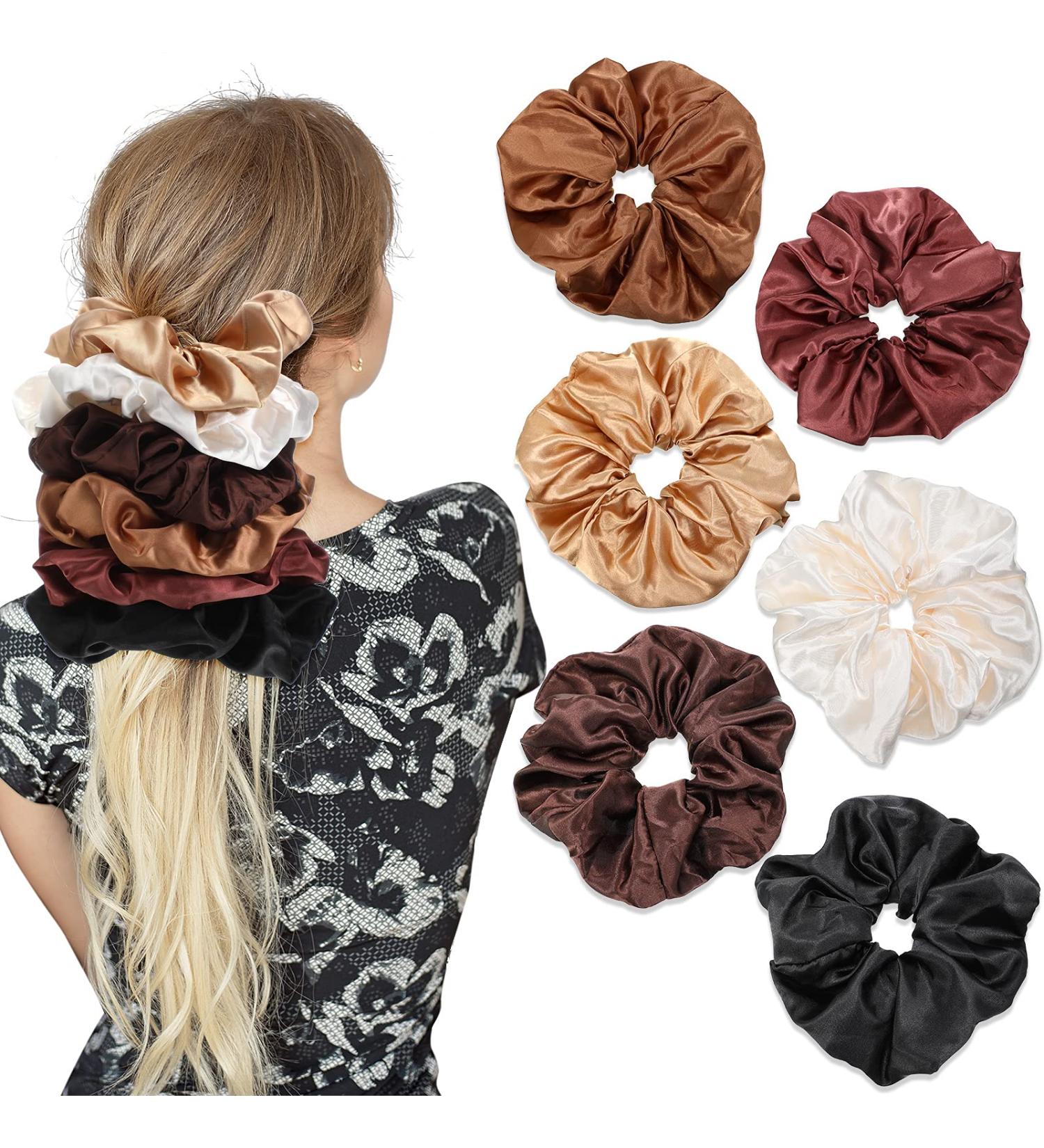 6 Pieces Oversized Satin Hair Ties Set Soft Silk Elastic Hair Bands for Girls | Stylish Horseshoe Holders in White Reddish Brown Black Bright Coffee Dark Coffee Brown - Buy Online on GoSupps.com