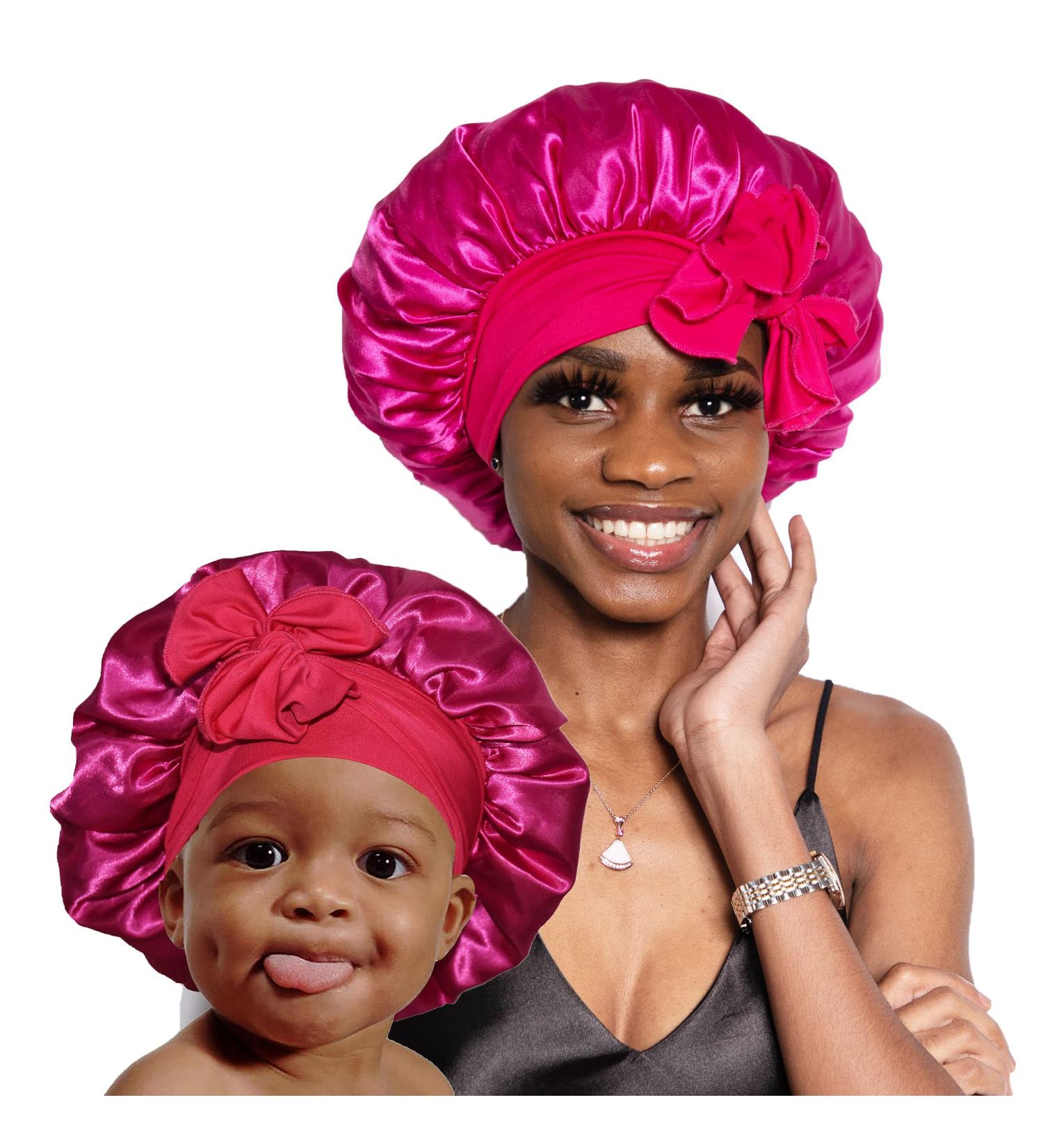 Satin Mommy and Me Bonnet Set for Natural Curly Hair - Hot Pink | Women Kids Toddler Infant Matching Sleep Hat with Tie Band - Mommy 14 Inch, Baby 11 Inch - Buy Online on GoSupps.com