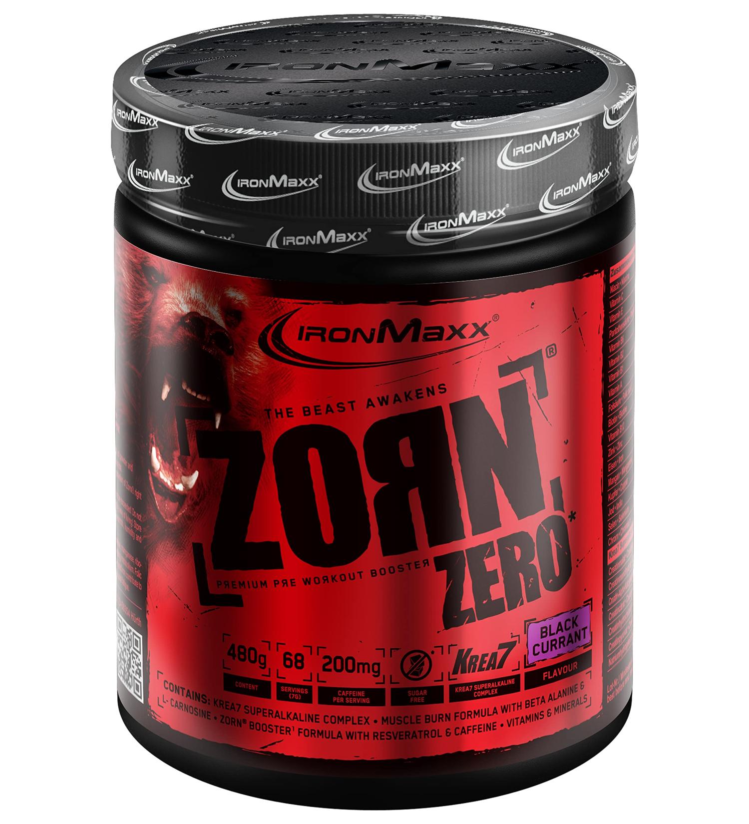 Ironmaxx Zorn Zero - Black Currant 480g can |includes a KREA7 Superalkaline Complex L-Tyrosine Beta Alanin L-Arginine and L-Citrullinmalat |400mg caffeine per energetic consumption of black currant 480 g (1 Pack)