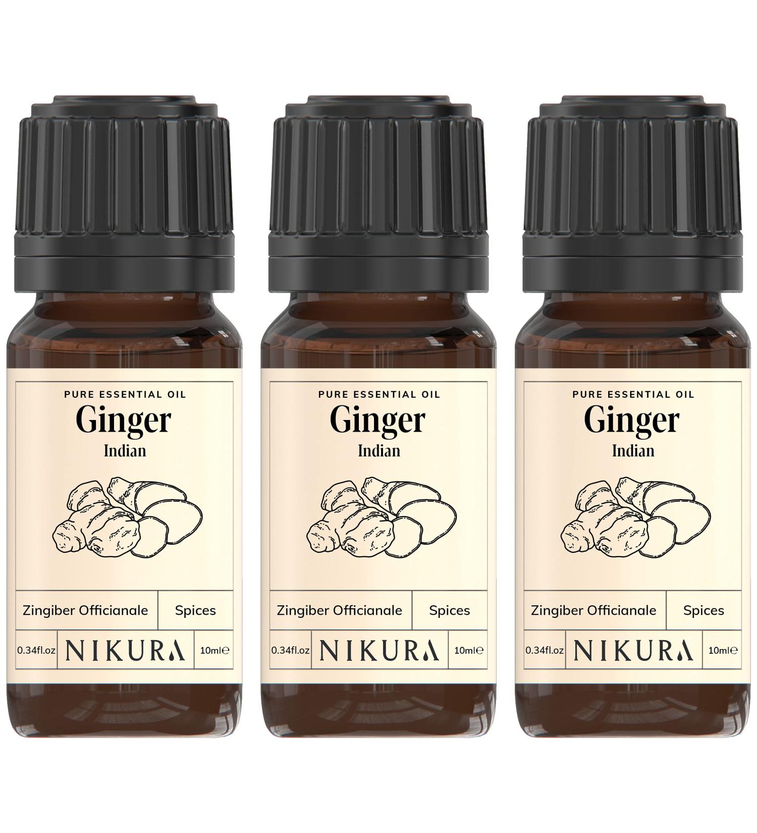 Nikura Indian Ginger Essential Oil - 30ml (3 x 10ml) | 100% Pure Natural Oil for Aromatherapy | Mood-boosting & Skin Benefits | Vegan & UK Made - Buy Online on GoSupps.com