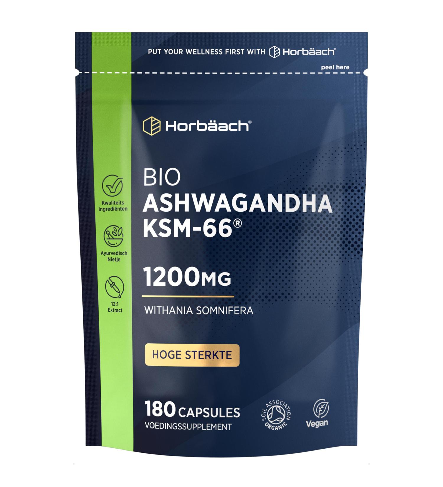 Horbach Ashwagandha KSM66 Organic 1200mg Capsules 180 High Strength Vegan Capsules Organic Ashwagandha KSM Extract Supplement from Horbaach - Buy Online on GoSupps.com