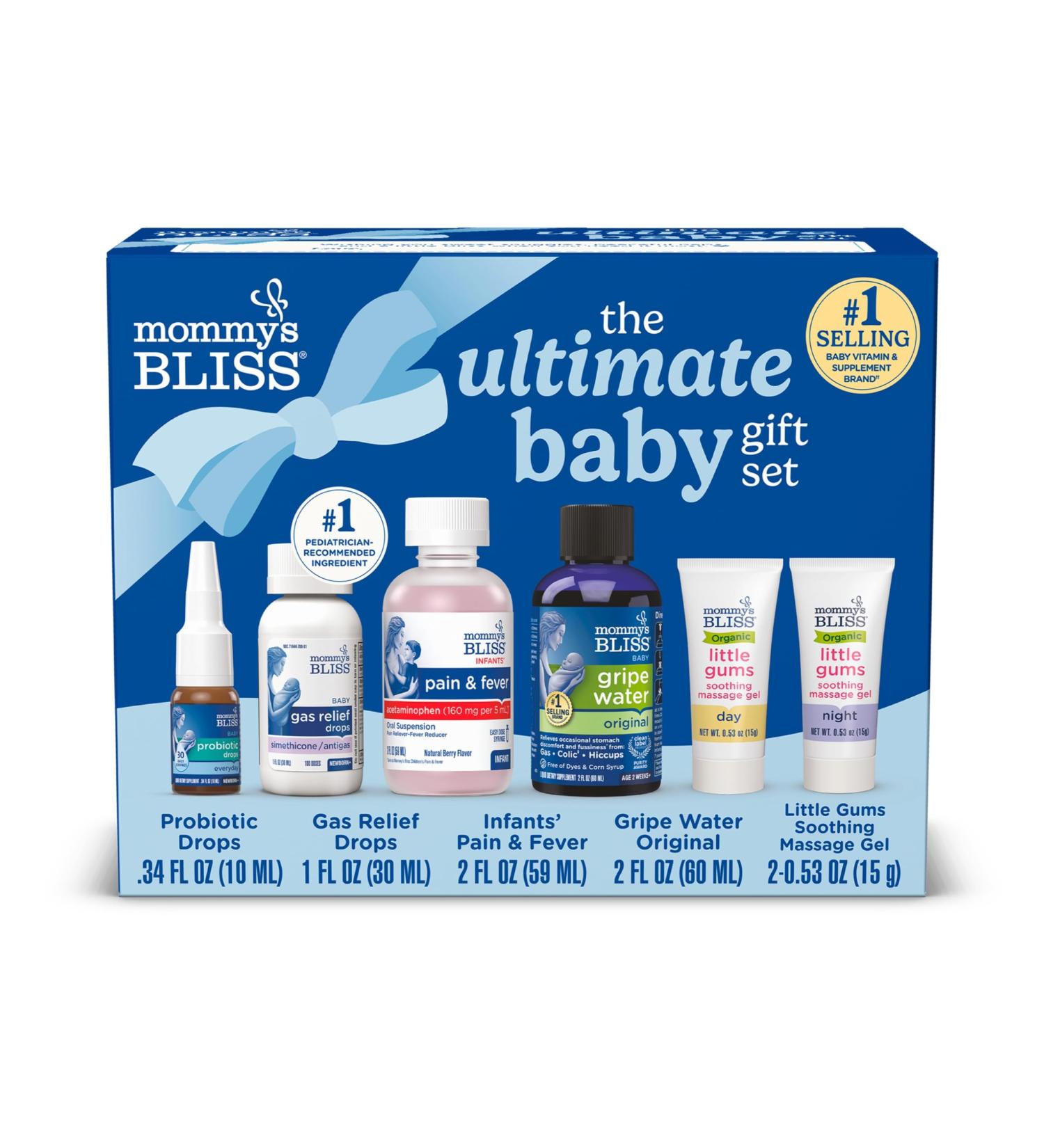 Mommy s Bliss Ultimate Baby Gift Set | Gripe Water Probiotic Drops Pain & Fever Medicine Gas Relief Drops and Gum Massage Gel - Buy Online on GoSupps.com