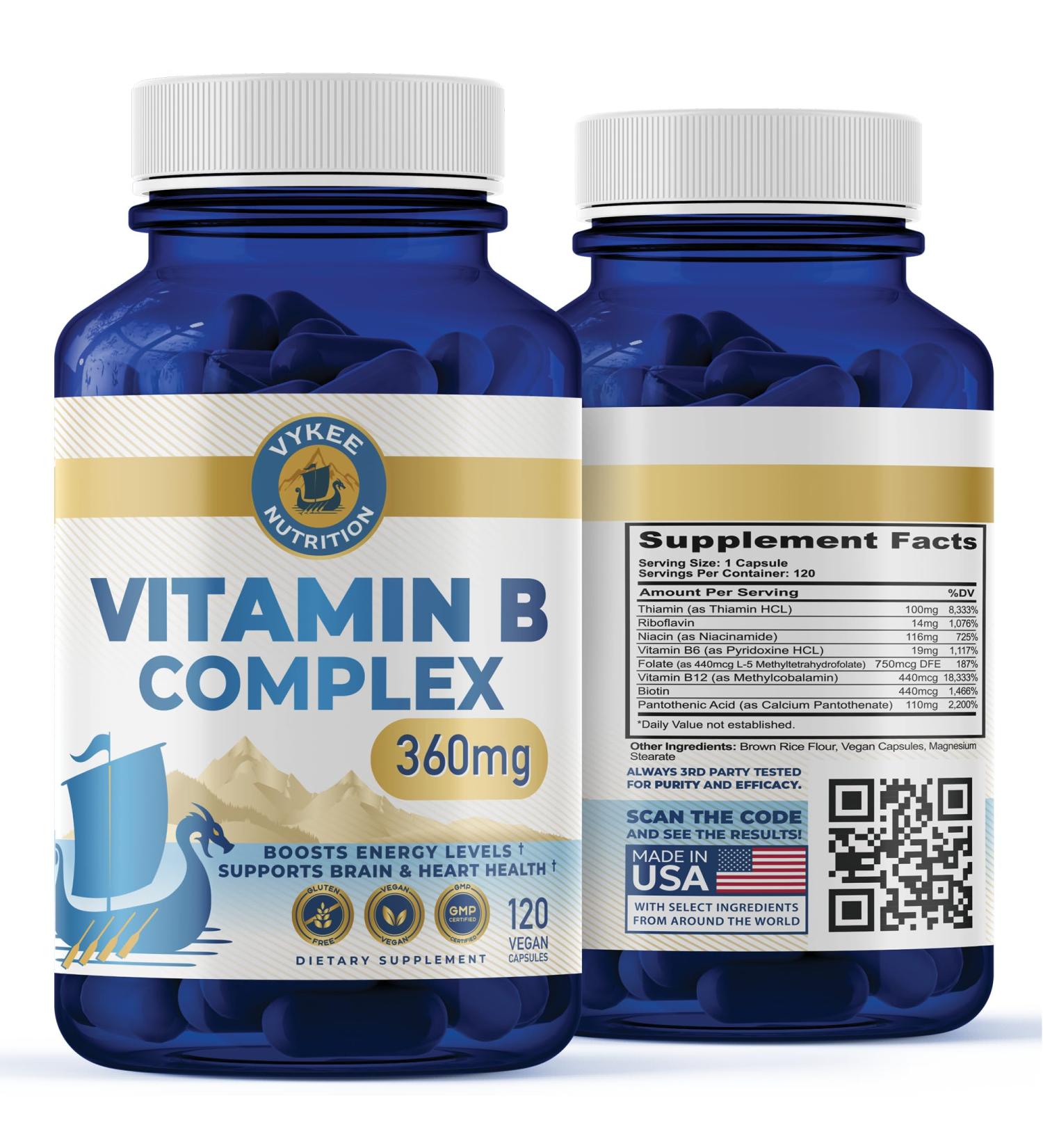 Vykee Nutrition B Complex Supplement High-Potency B Vitamins with 750mg DFE Folate 440mcg B12/Biotin | Vegan Non-GMO | Supports Cellular Energy Production & Red Blood Cell Formation | 120 Capsules - Buy Online on GoSupps.com