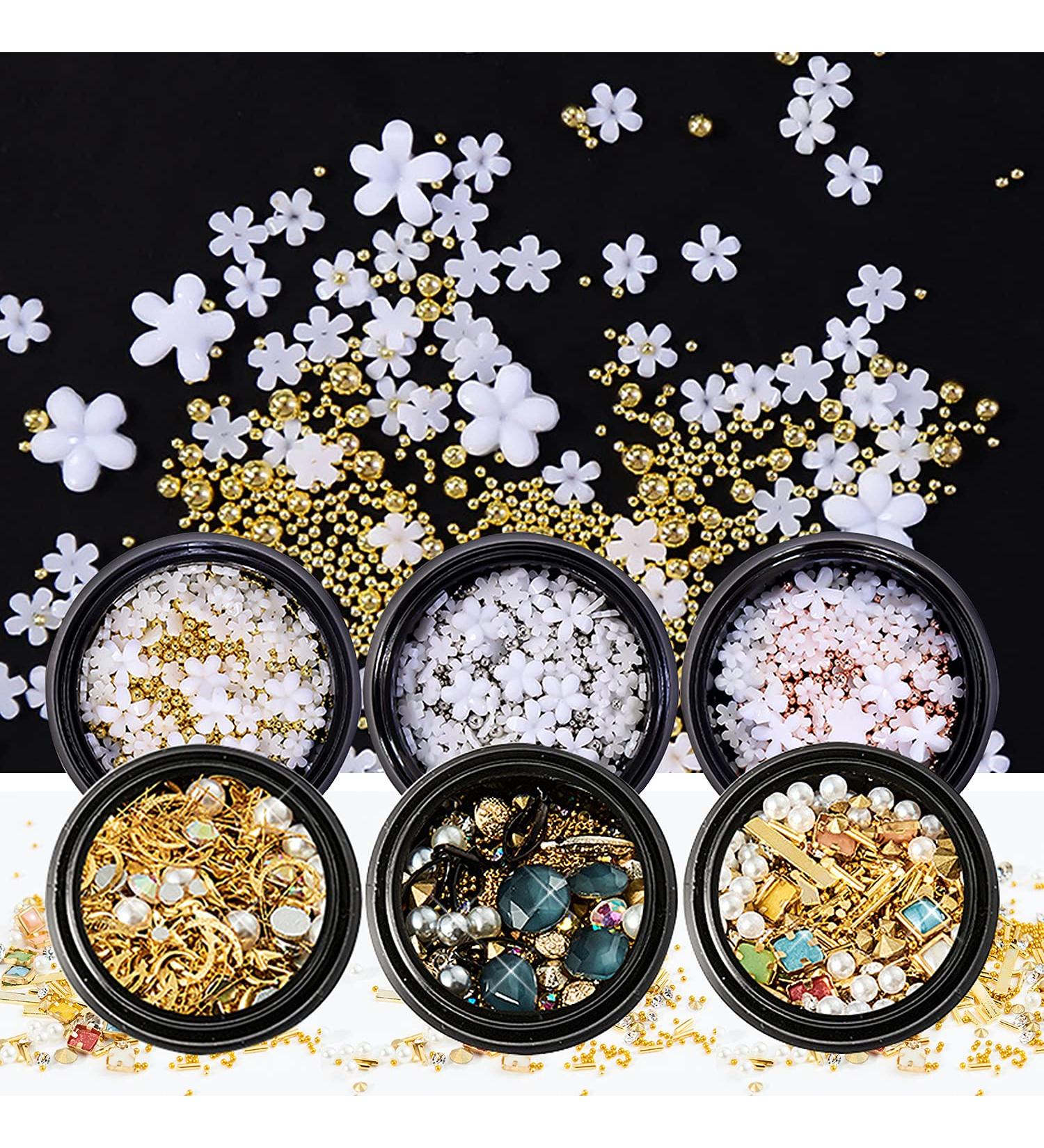 JERCLITY 3D Nail Art Decoration Kit - Mixed Metal Nail Rivets, White Flower Studs, Gem Pearls, Tweezers - 6 Boxes - KIT01 - Buy Online on GoSupps.com