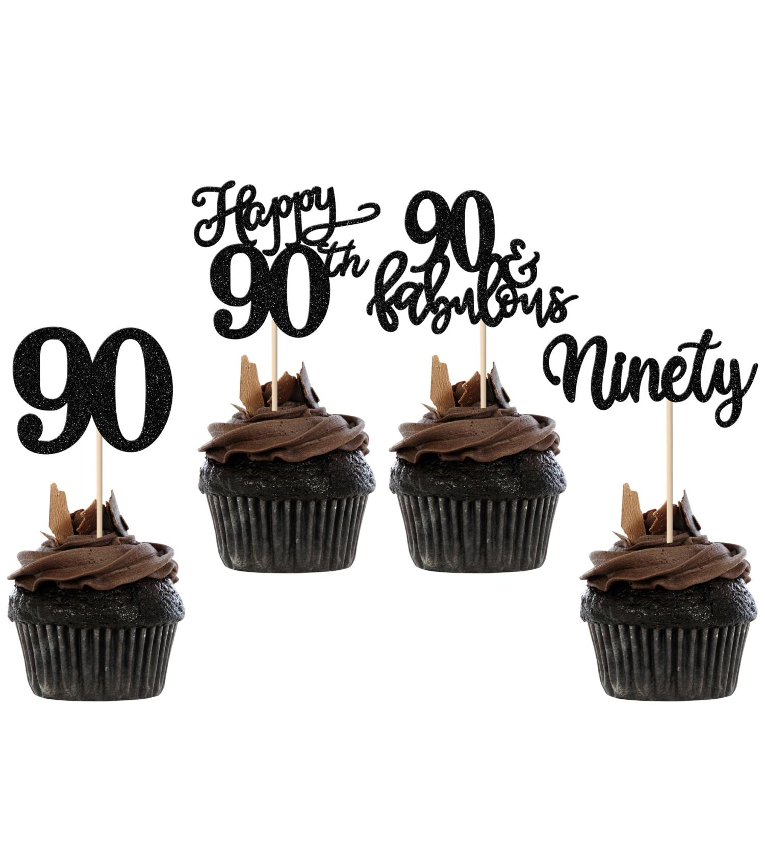 Rsstarxi 24 Pack Glitter 90th Birthday Cupcake Toppers Ninety 90 Fabulous Cupcake Picks Decorations for Happy 90th Birthday Wedding Anniversary Party Cake Decorations Black Design 1 90th Blcak