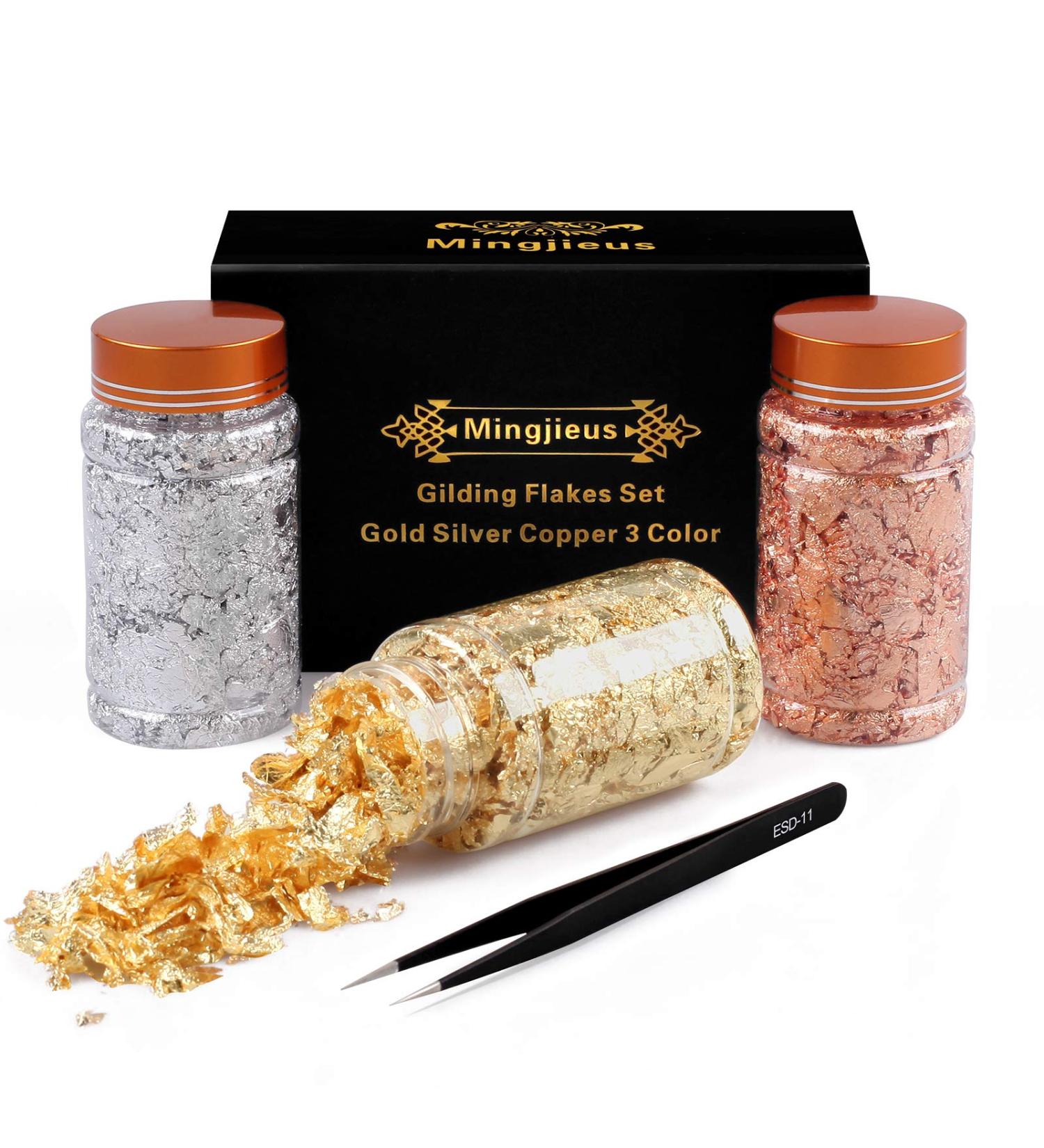 Gilding Flakes Set - Metallic Gold Foil for Resin, Jewelry, Nails, Art & Crafts - 3 Bottles (Gold, Silver, Copper) - Buy Online on GoSupps.com