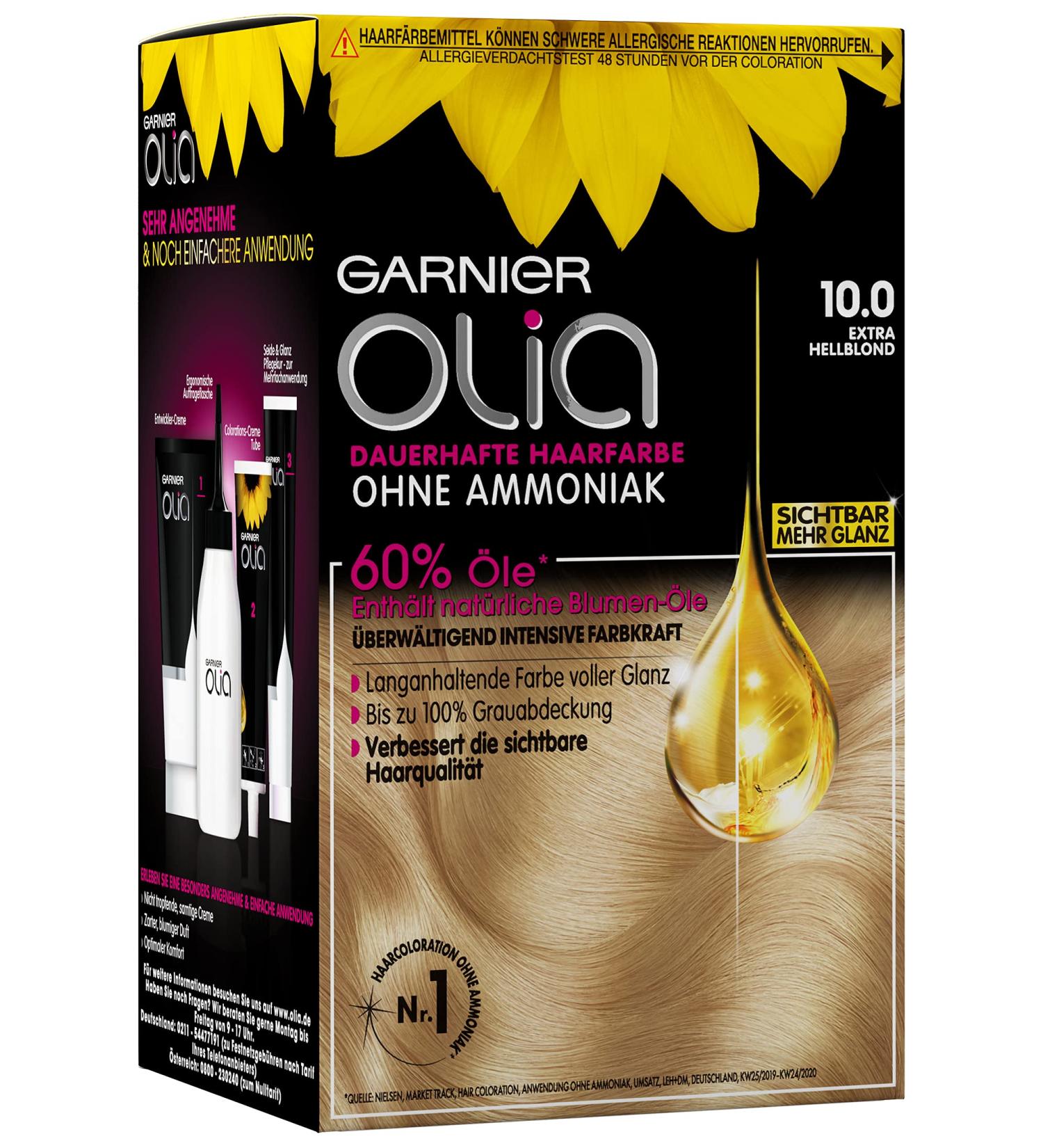 Garnier Olia Permanent Hair Colour without Ammonia with Nourishing and Natural Oils Full Grey Hair Coverage Permanent Colouration No. 10.0 Light Blonde 3 x 1 Piece 10.0 Extra Light Blonde - Buy Online on GoSupps.com