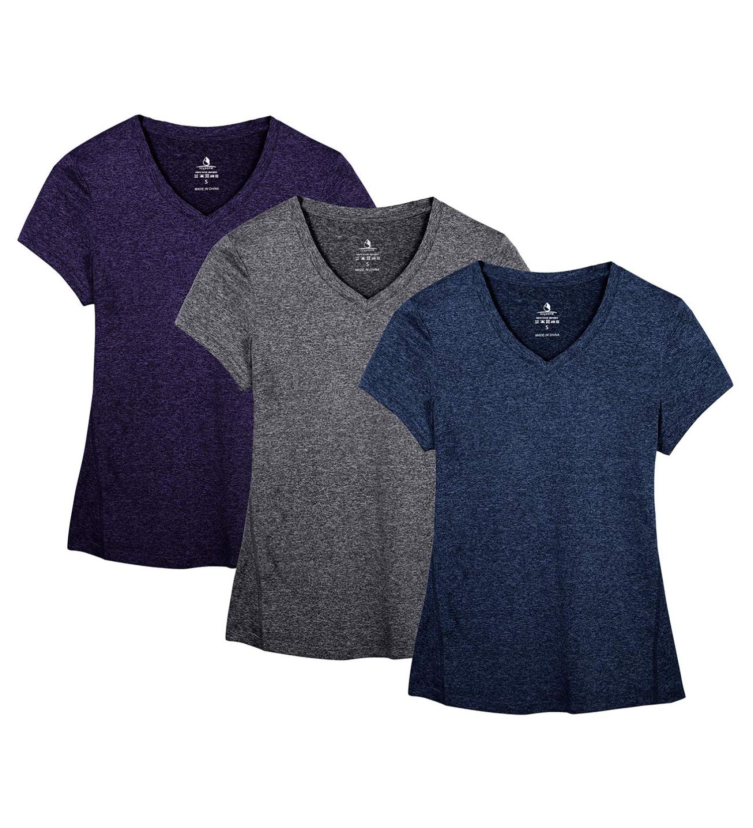 Icyzone Women's Sports Fitness T-Shirt 3-Pack - Short Sleeve V-Neck Running & Yoga Tops in Royal Blue Purple Charcoal - International Shipping Available - Buy Online on GoSupps.com