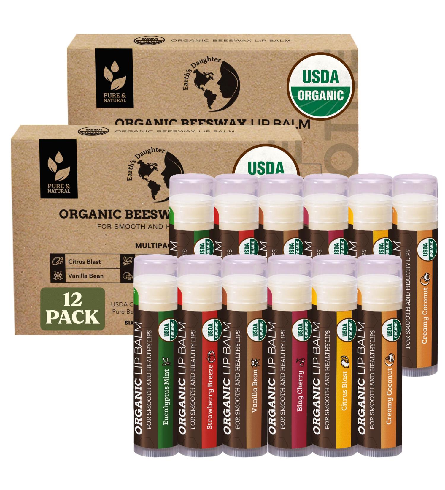Earth's Daughter USDA Organic Lip Balm 12-Pack (2x 6-Packs) - Fruit Flavors Beeswax Coconut Oil Vitamin E - Best Lip Repair Chapstick for Dry Cracked Lips - Moisturizing Lip Care - Buy Online on GoSupps.com