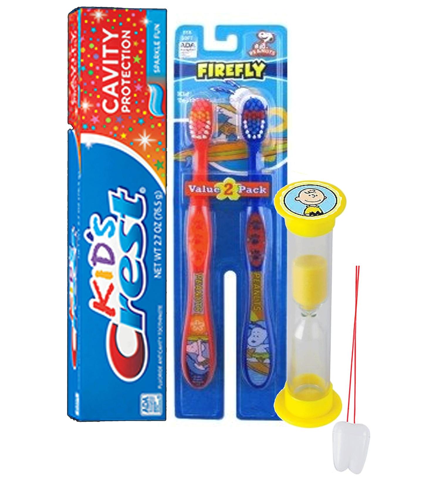 Peanuts Inspired 4pc Bright Smile Oral Hygiene Set! Snoopy Themed 2pk Soft Manual Toothbrush, Crest Kids Toothpaste & Charlie Brown Brushing Timer! Plus Bonus"Remember to Brush" Visual Aid!