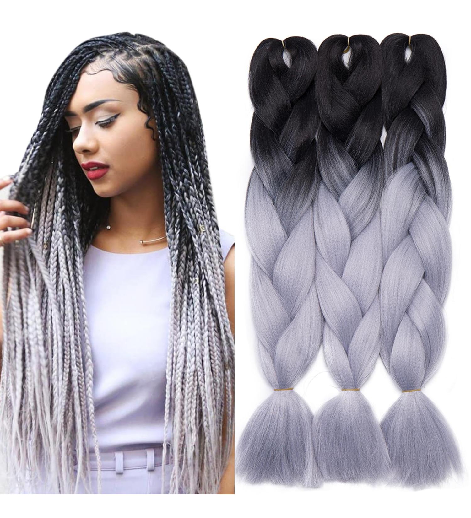 Tess Braids Extensions 60 cm - 3 Pack Jumbo Kanecalon Hair Braids #28 Gray/Raven Black for Box Braids - Ombre 100g Bundle - Buy Online on GoSupps.com