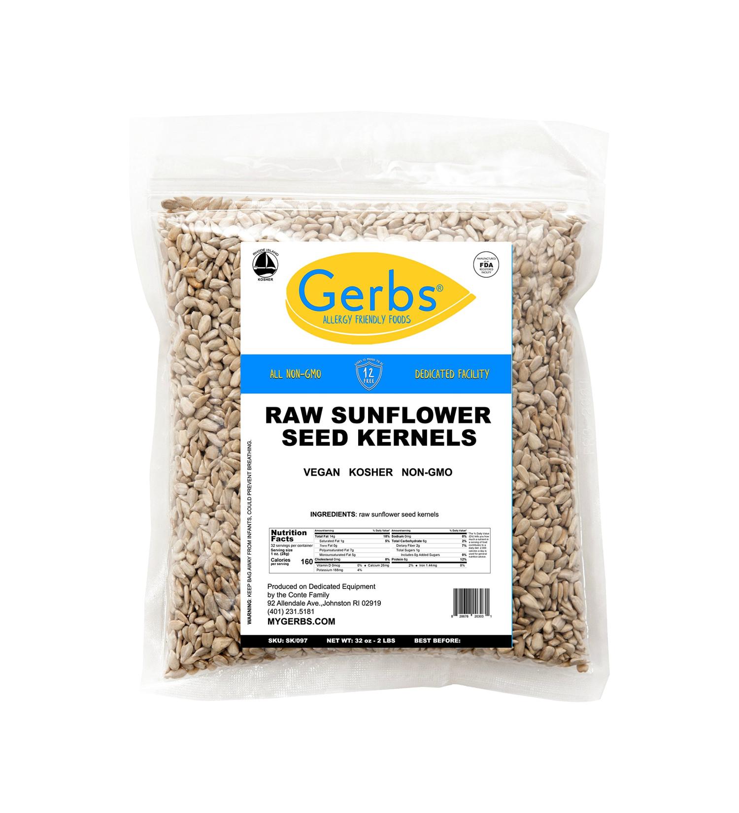 GERBS Raw Sunflower Seed Kernels No Shell 2 lbs - Top 14 Allergy Free Superfood Snack, Non GMO, Vegan, Keto, Kosher - Resealable Bag Packed with Healthy Benefits - Buy Online on GoSupps.com