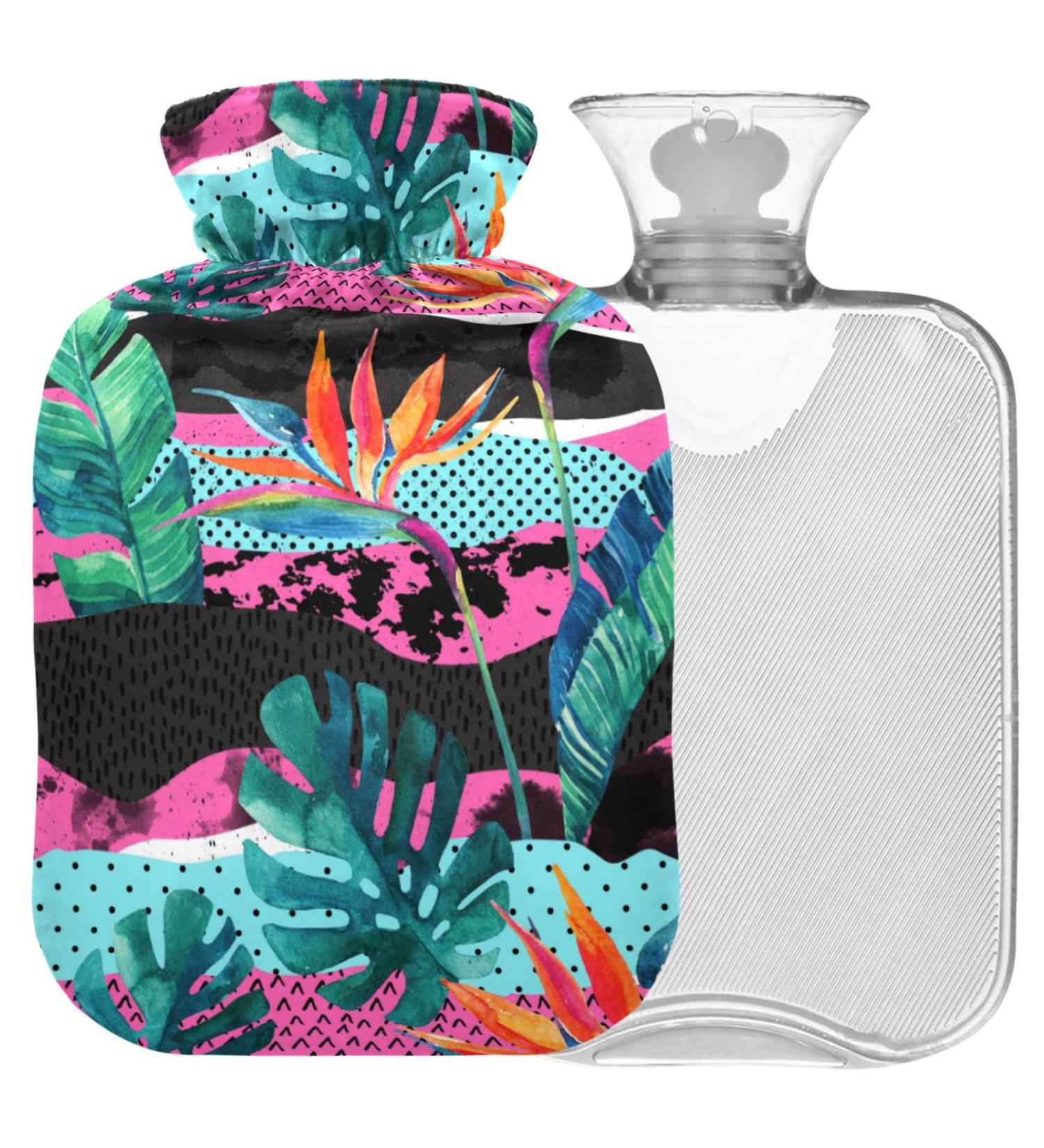 NAANLE Hot Water Bottle with Watercolor Flowers & Palm Leaves | 1L Transparent Cover | Handheld Bed Warmer for Pain Relief & Heat Therapy - Buy Online on GoSupps.com