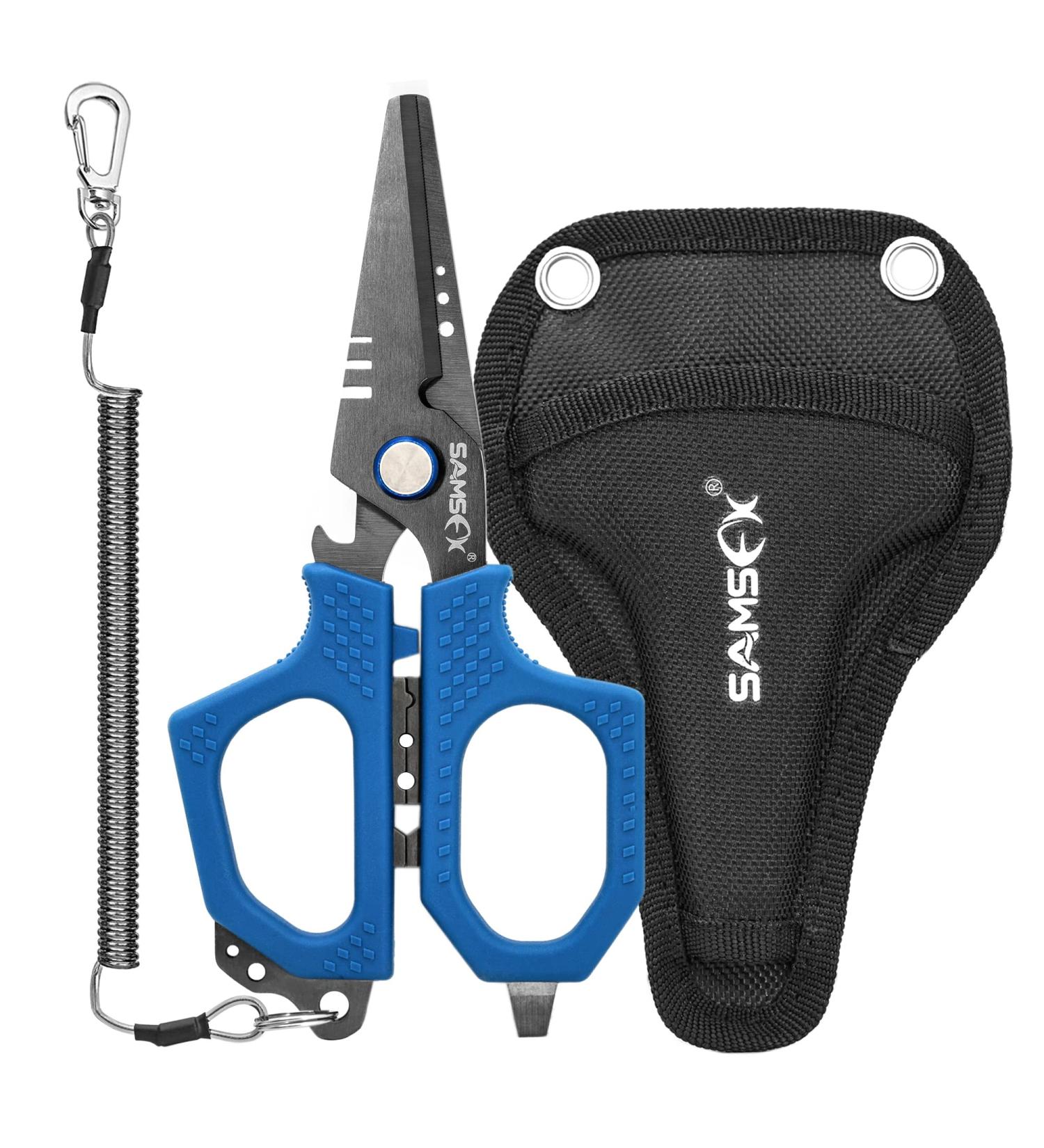 SAMSFX Fishing Braid Line Scissors with Titanium Coating, Dual-Serrated Blade, Kraton Handle, Sheath, Lanyard - Blue Kraton Handle - Buy Online on GoSupps.com