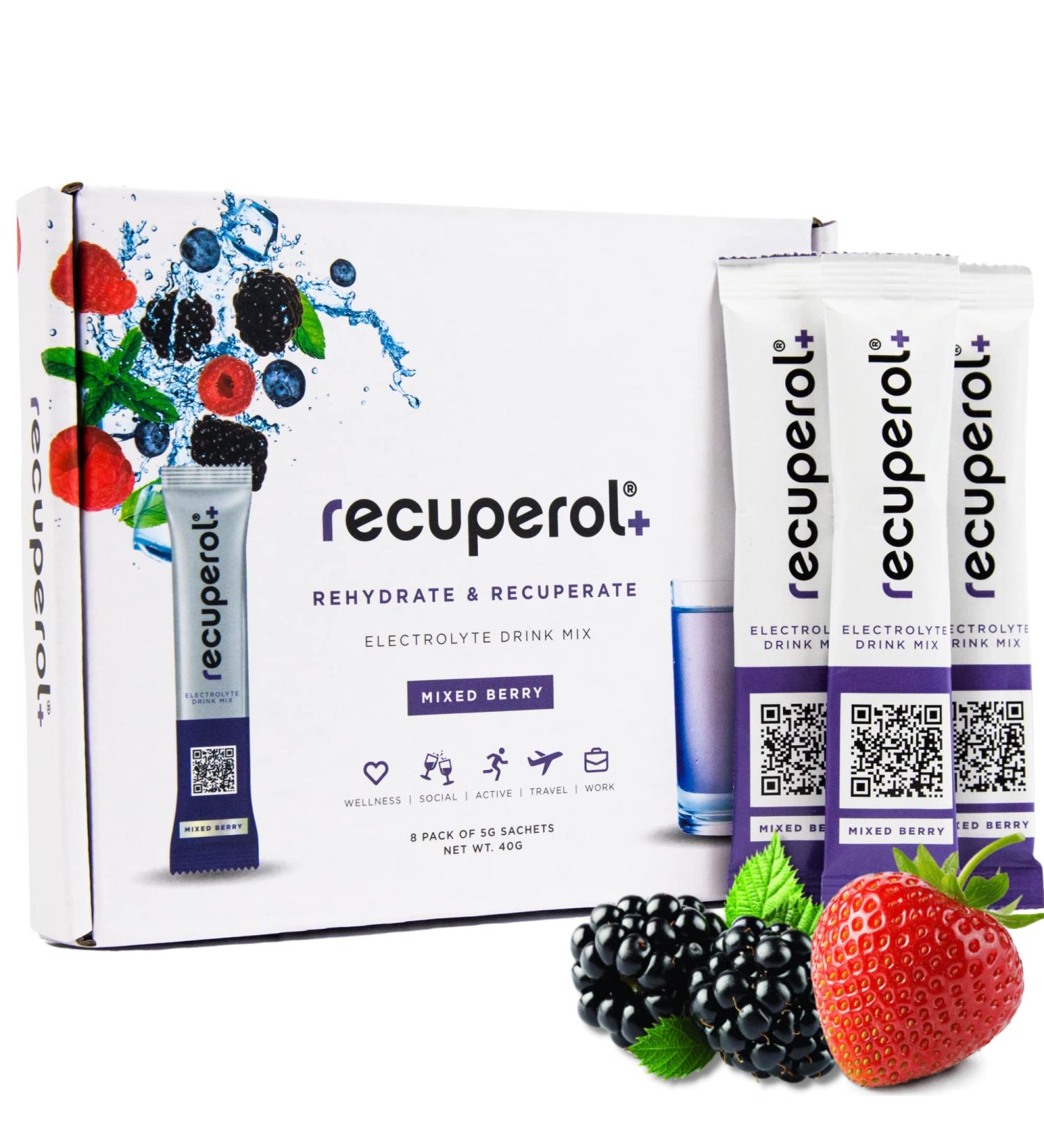 Recuperol Get Well Soon Gift Box - Hydration & Recovery Electrolyte Drink Mix 8 Pack Wellness Gift for Men & Women Present with Card Inside - Mixed Berry Flavour - Buy Online on GoSupps.com