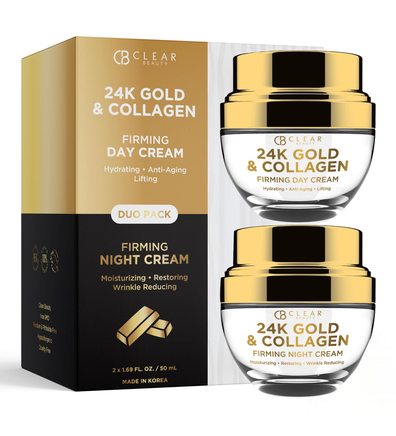 Clear Beauty 24K Gold & Collagen Face Moisturizer - Dermatologist Tested Anti Aging Korean Skin Care - Hydrates Firms Smooths For Youthful Skin - Vegan Clean Beauty - Duo Pack 24K Gold & Collagen (Day & Night Set) - Buy Online on GoSupps.com