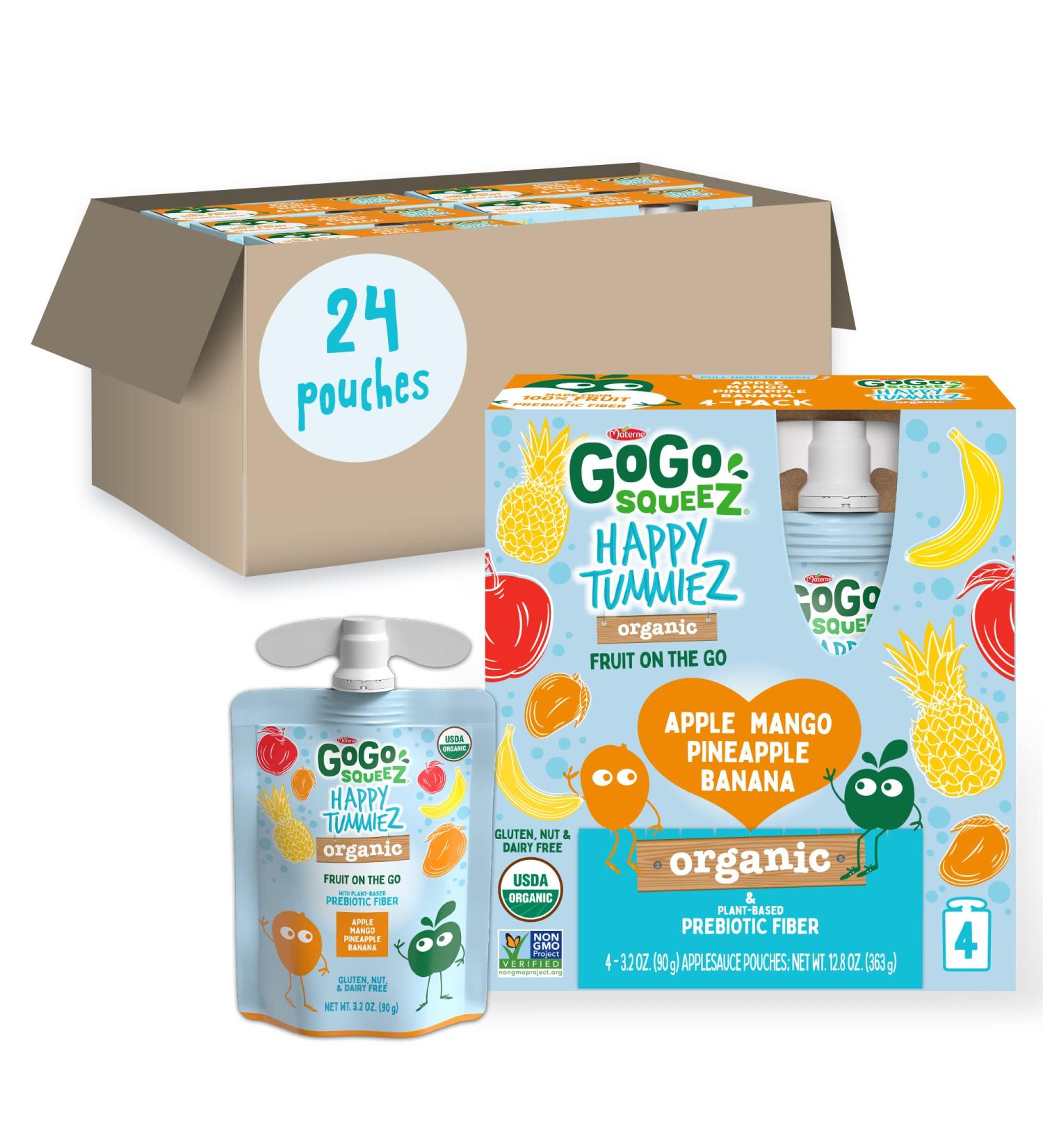 GoGo squeeZ Happy TummieZ Organic Apple Mango Pineapple Banana - 24 Pack Kids Snacks, Gluten Free, Vegan, Prebiotic Fiber - Buy Online on GoSupps.com