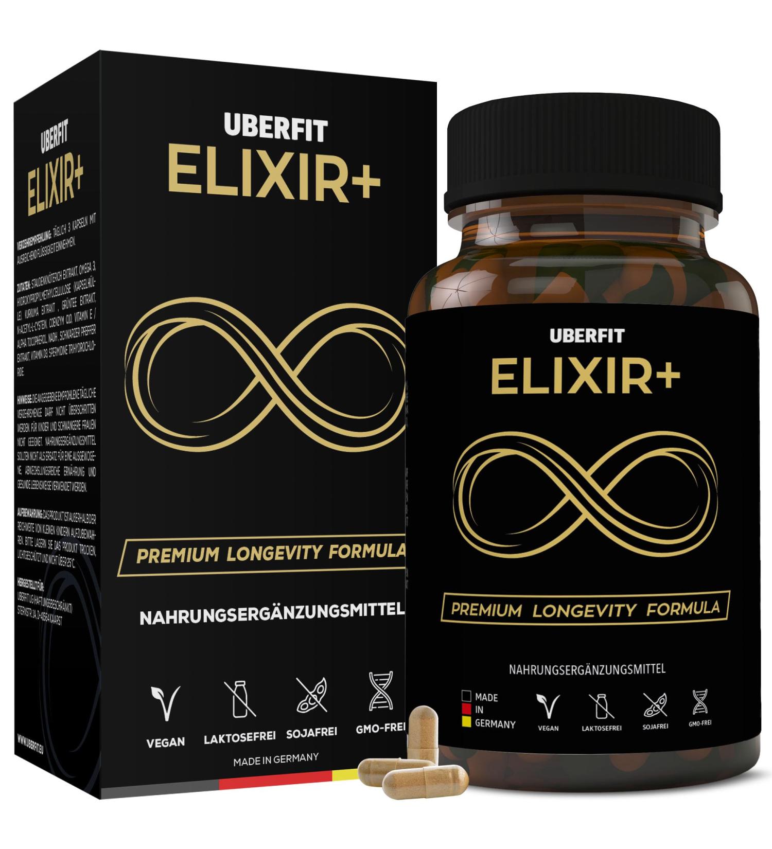 Uberfit ELIXIR+ Longevity Capsules - Premium Resveratrol 490mg Spermidine 5mg NADH Omega 3 CoQ10 Vitamin D3 & E Turmeric - 90 Vegan Capsules for Enhanced Wellness - Buy Online on GoSupps.com