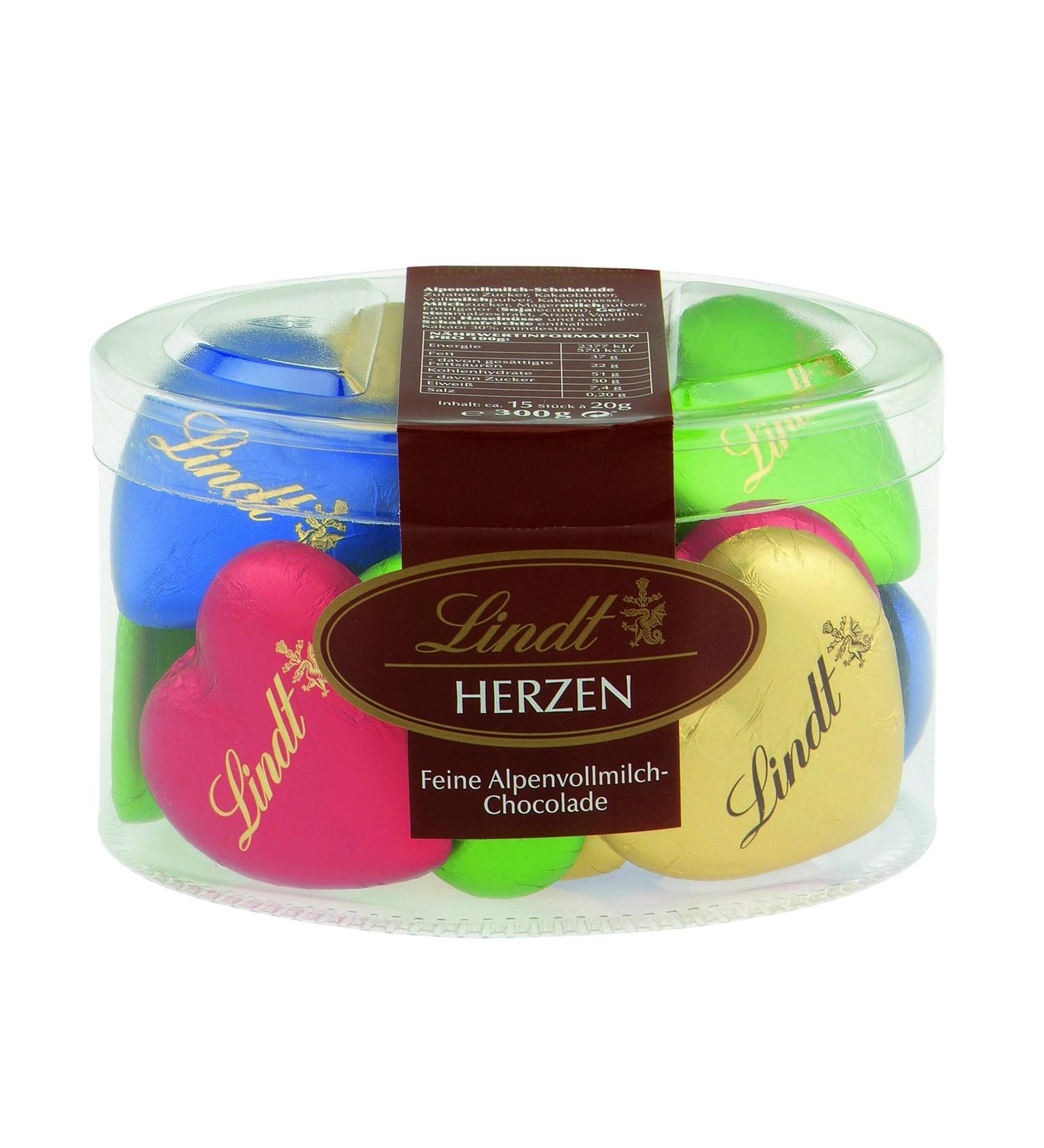 Lindt chocolate full milk chocolate hearts |300 g |15 x finest alpine full milk chocolate in heart shape in the colors green red blue gold |Chocolate gift heart mixture