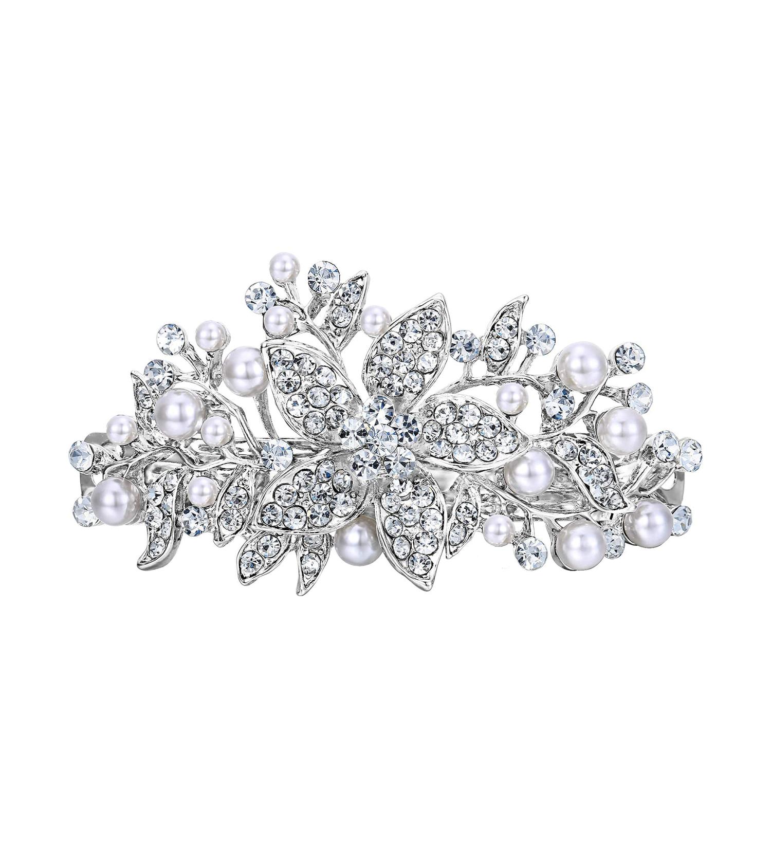 Ever Faith Austrian Crystal Hibiscus Pearl Hair Clip Barrette | Bridal Cream & Clear Silver-Tone - Buy Online on GoSupps.com