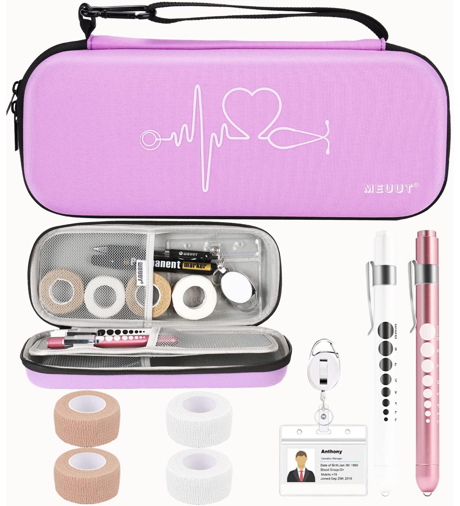 MEUUT 11-Piece Nurse Stethoscope Case Kit - Perfect Nurse Gift with Penlights, Scissor, Bandage Wraps, Badge Holders - Nurse Student Essentials in Light Purple - Buy Online on GoSupps.com