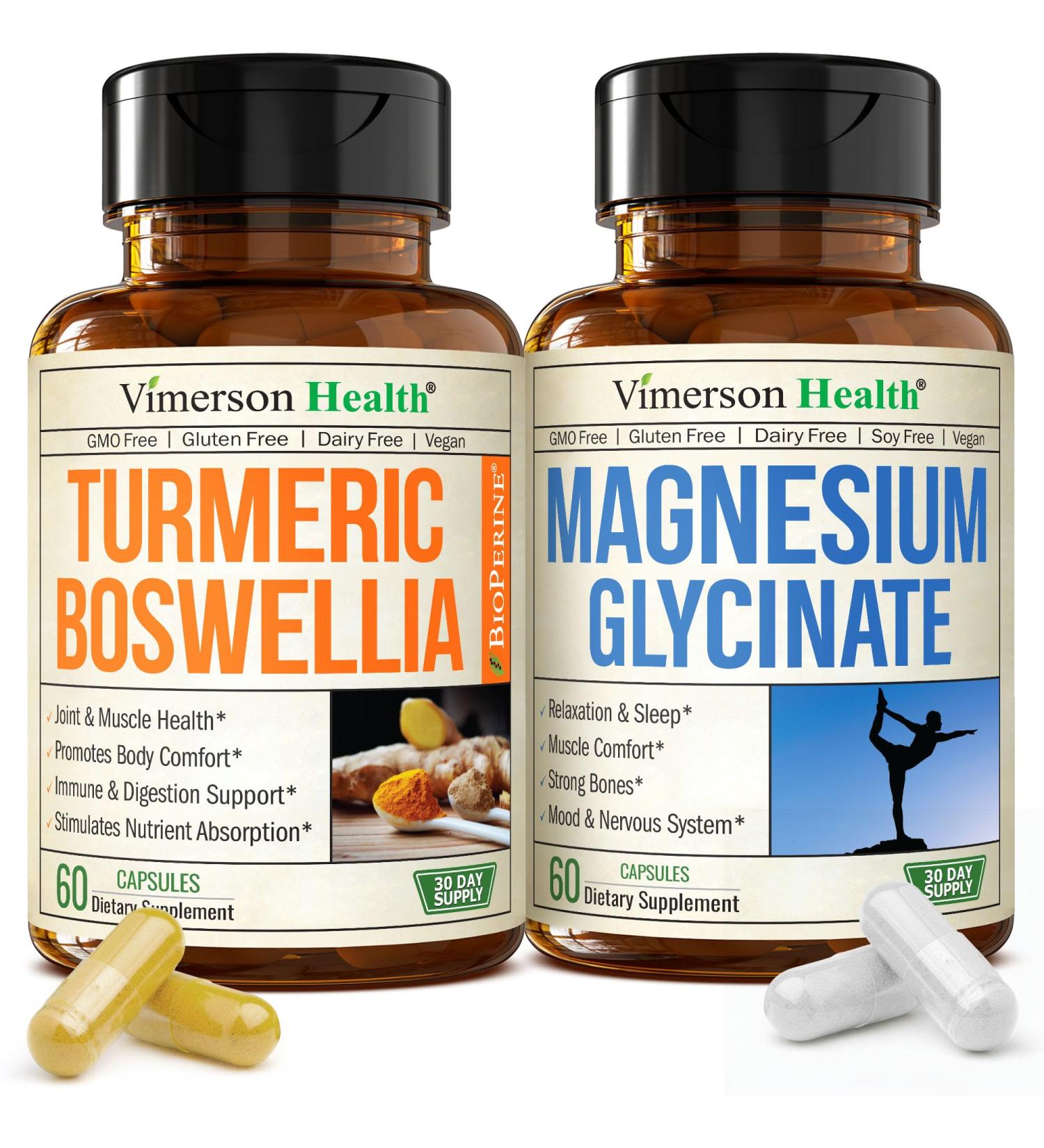 Boswellia Turmeric Curcumin Supplement + Pure Magnesium Glycinate 200mg Bundle Supports Joint Health Sleep Relaxation Muscle & Women s Wellness with Ginger Root Organic Turmeric Powder - Buy Online on GoSupps.com
